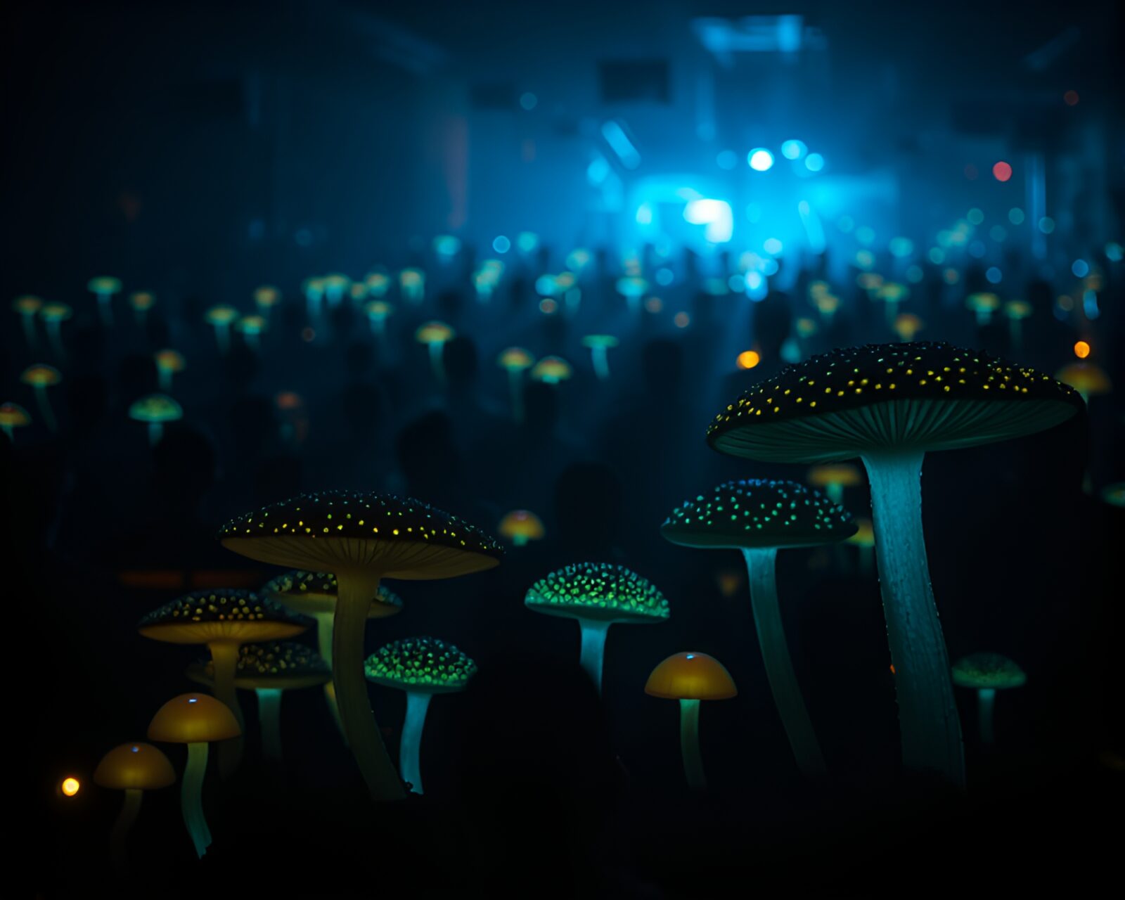 Silhouettes of people emitting bioluminescent light in futuristic setting