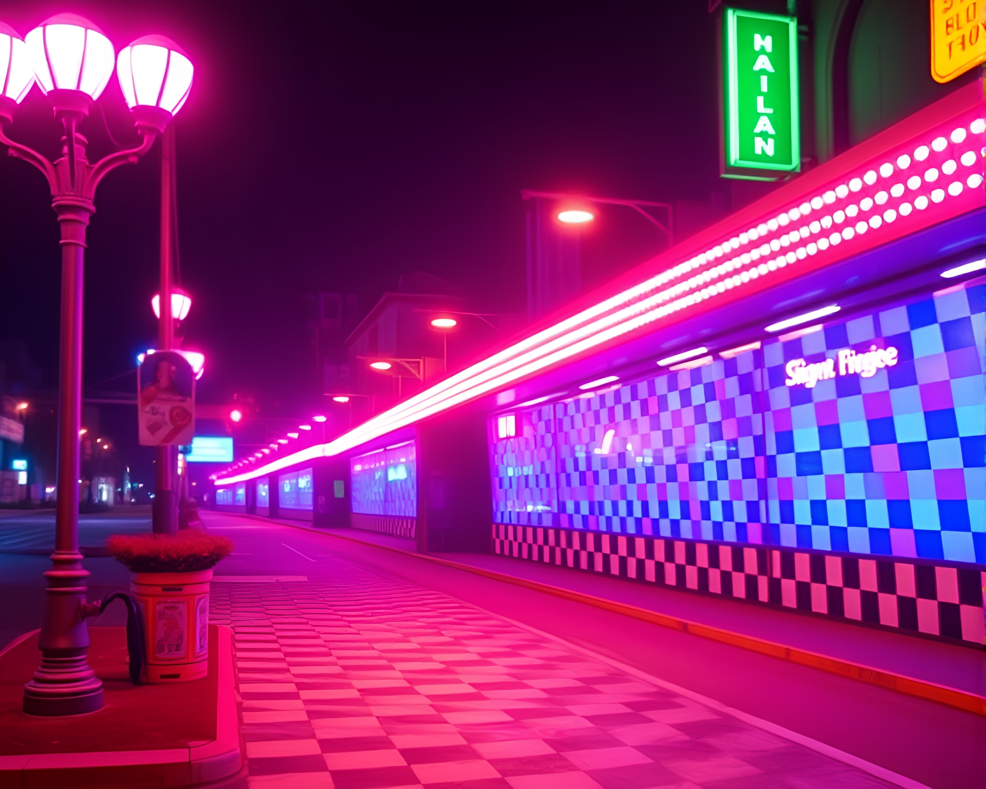 Neon Checkered Streets: Synthwave Night Scene – free AI stock image