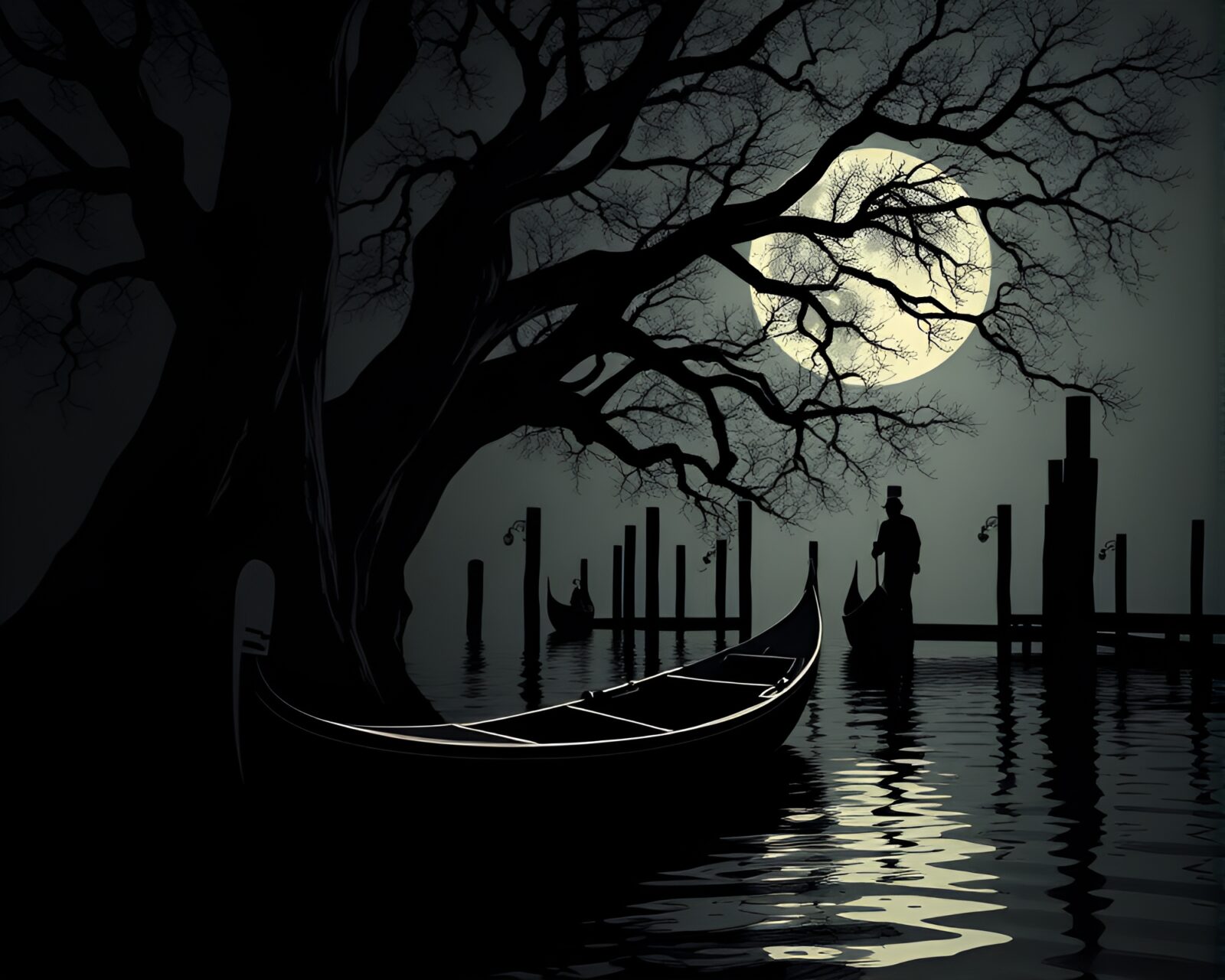 Detailed vector illustration of a Venetian gondola in chiaroscuro lighting