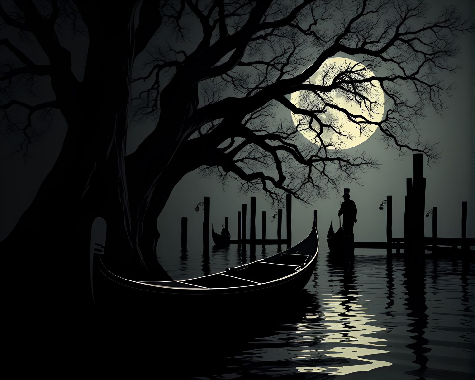 Dramatic Venetian Gondola on Tree Ring Vector Art – free AI stock image