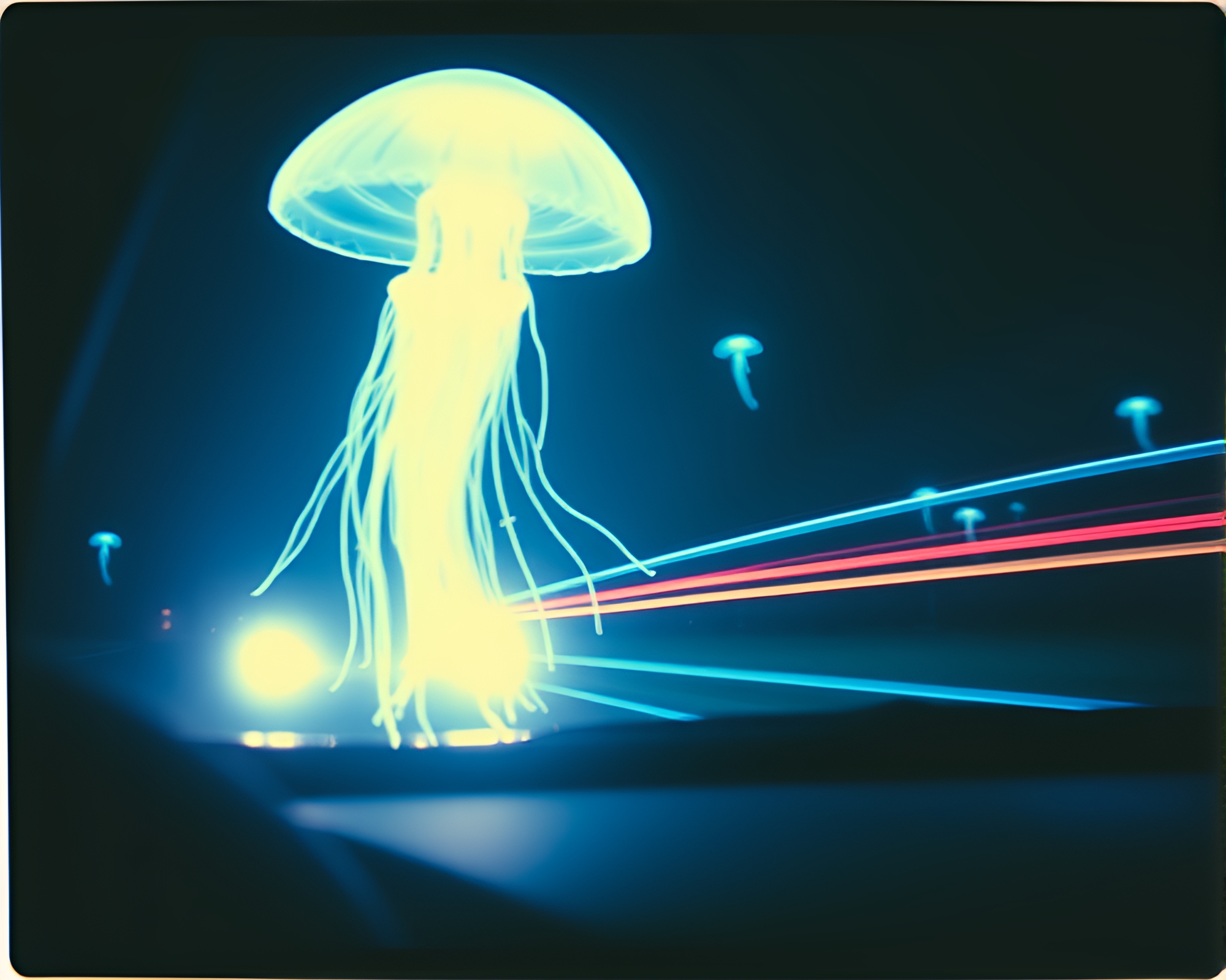 Glowing Jellyfish in Car Light Trails Library – free AI stock image