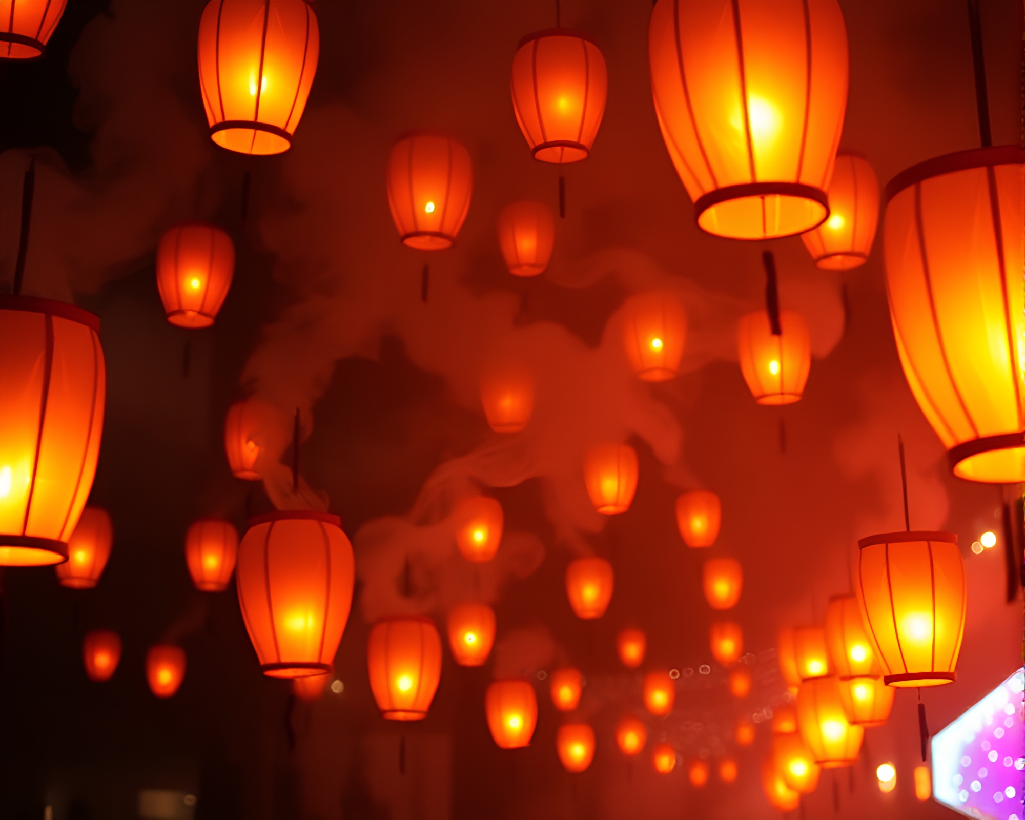Enchanting Carnival Lanterns Drifting Through Glitchy Smoke – free AI stock image