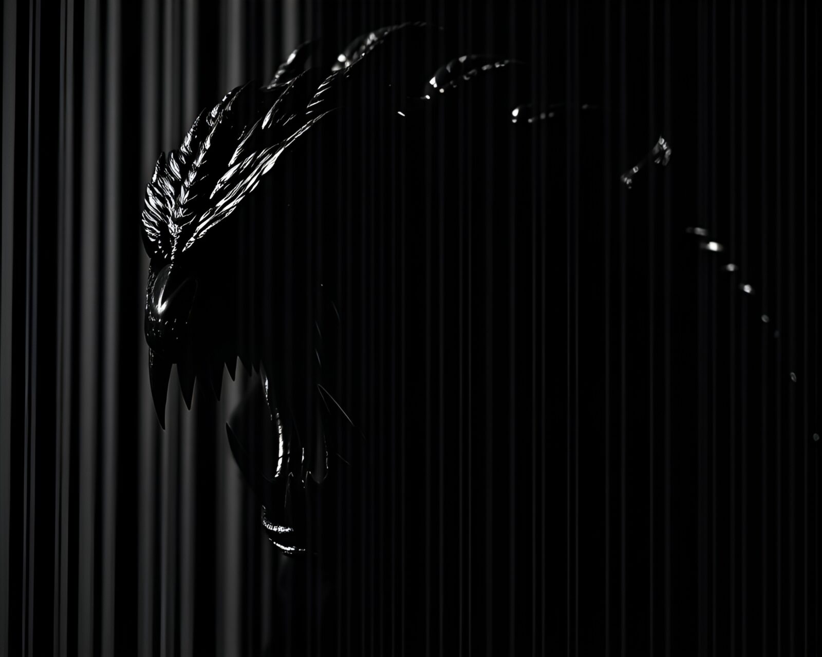 Cerberus under theatrical lighting at noir city gates with barcode stripes