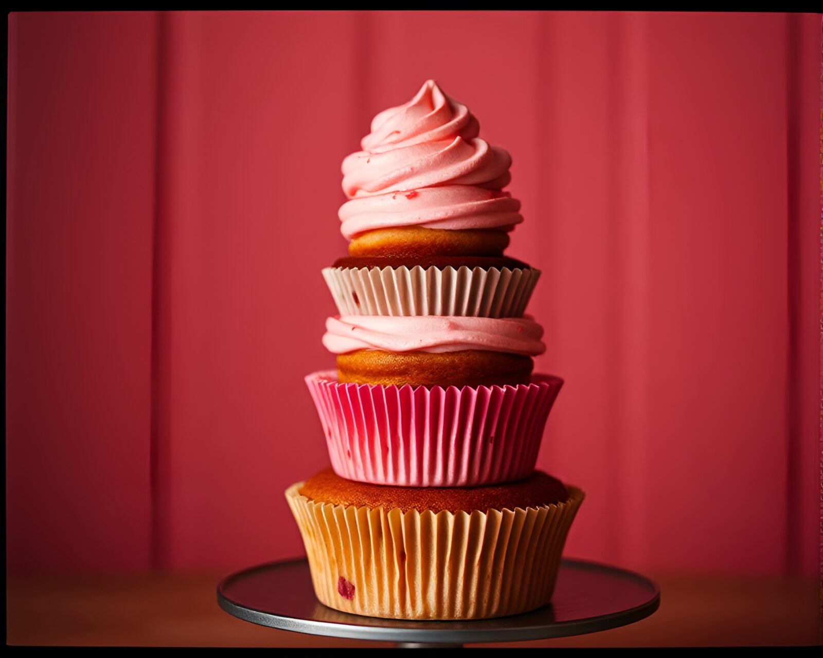 A whimsical cupcake tower in sapphire tones with retro film grain aesthetic.