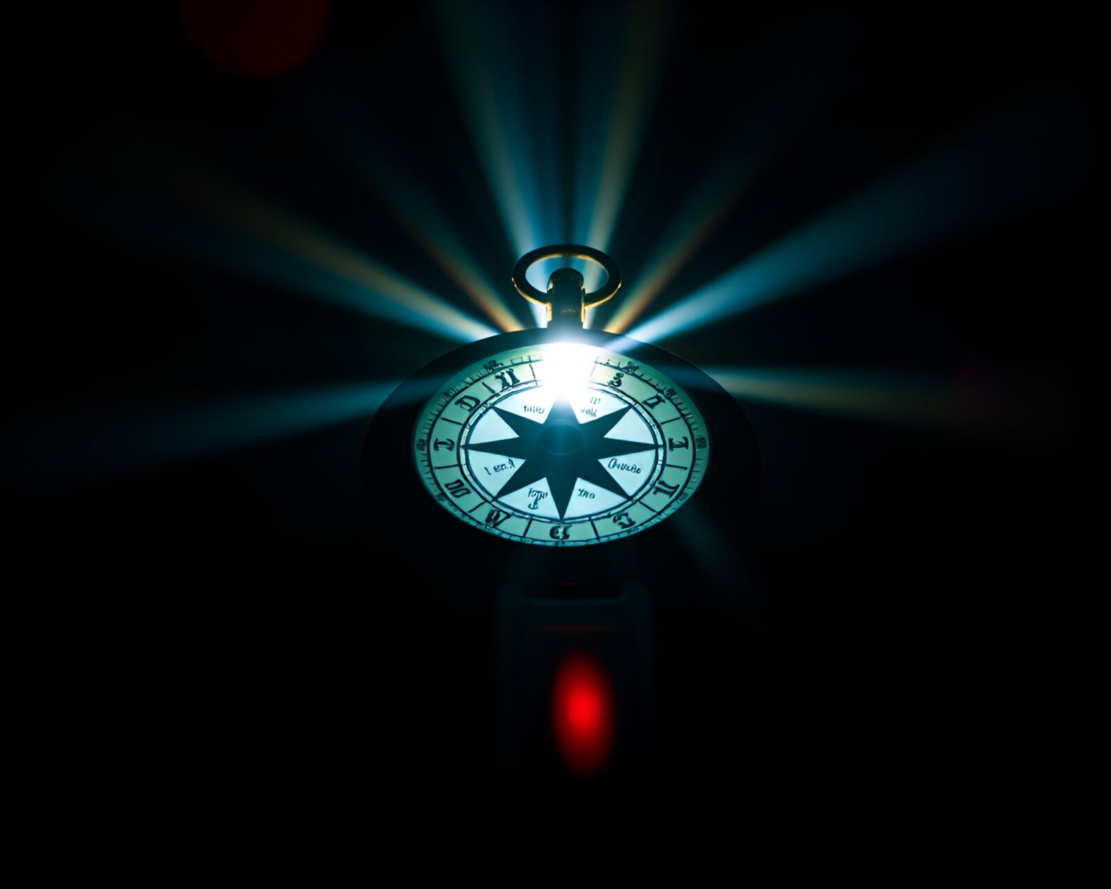 Colorful neon lights illuminating a compact sundial design
