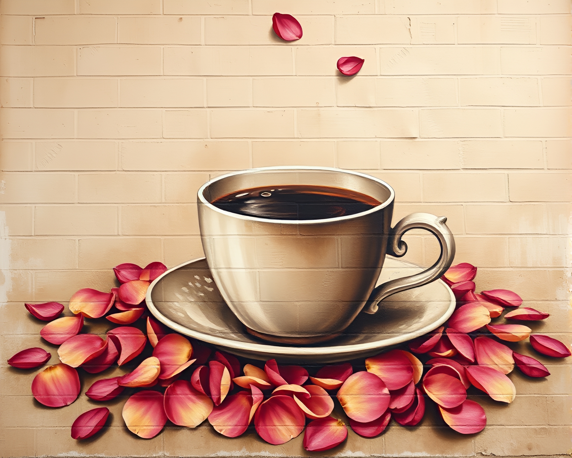 Coffee Cup Mural: Flower Petals in Sepia Tones – free AI stock image