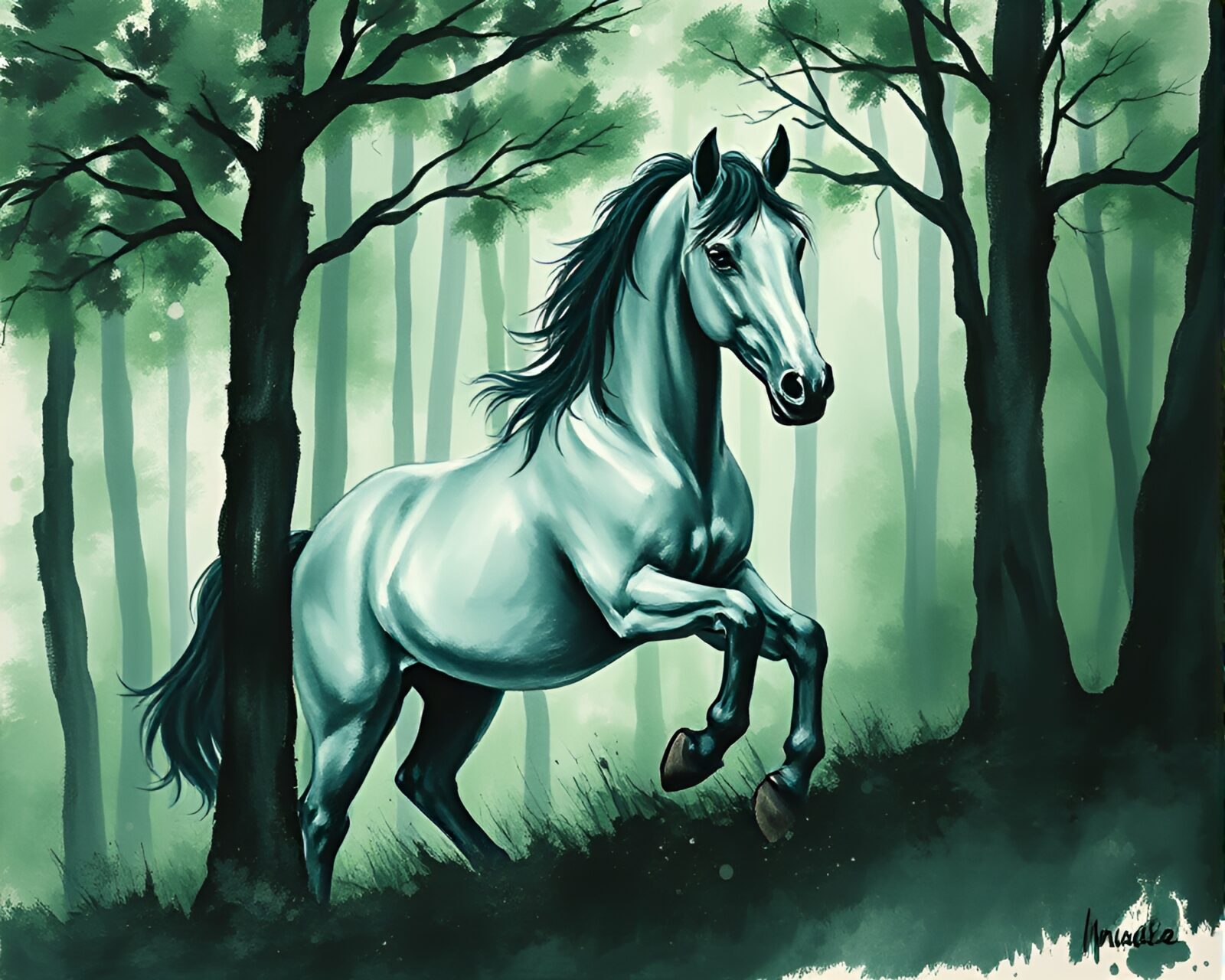 Gouache painting of charcoal strokes wild stallion in green forest
