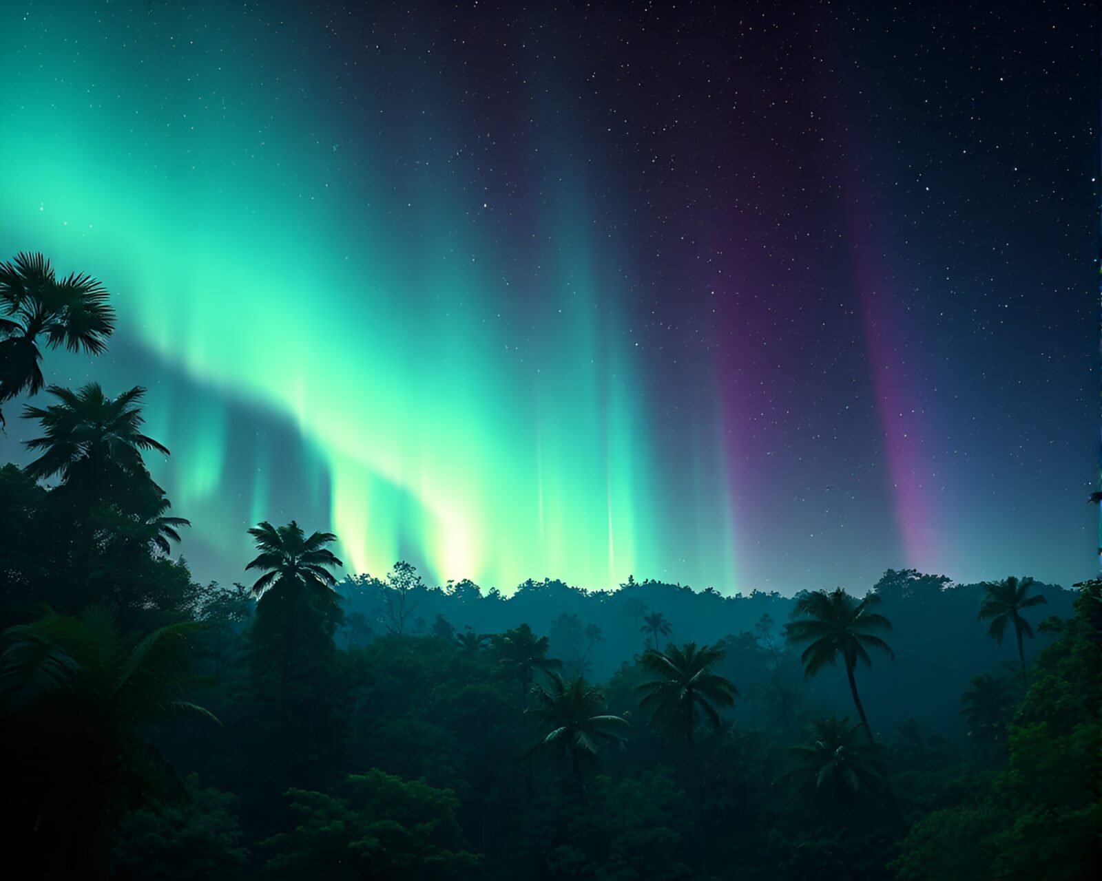 Mesmerizing scene of jungle canopy under aurora borealis lights