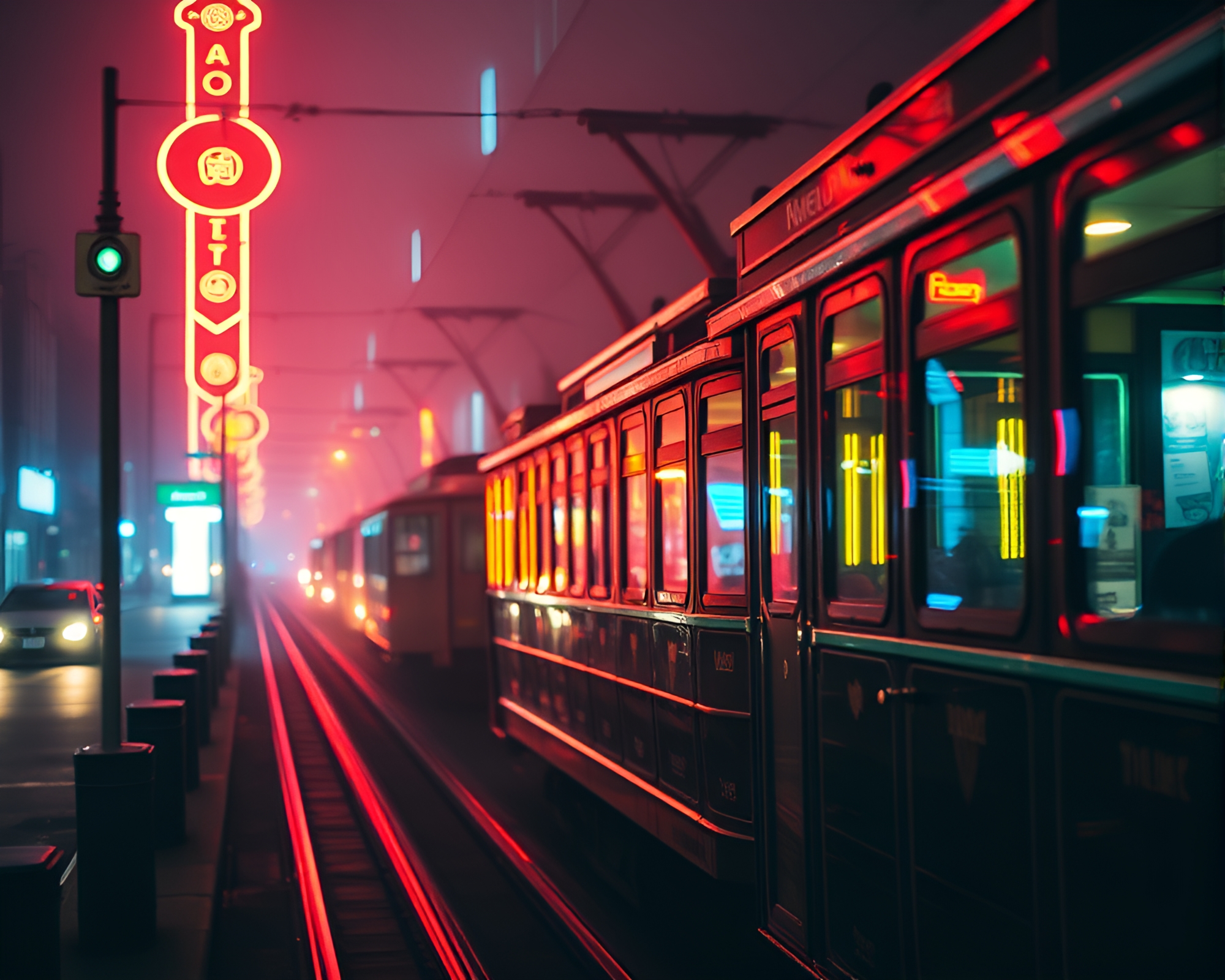 Glowing Neon Cable Car over Hazy Cityscape – free AI stock image
