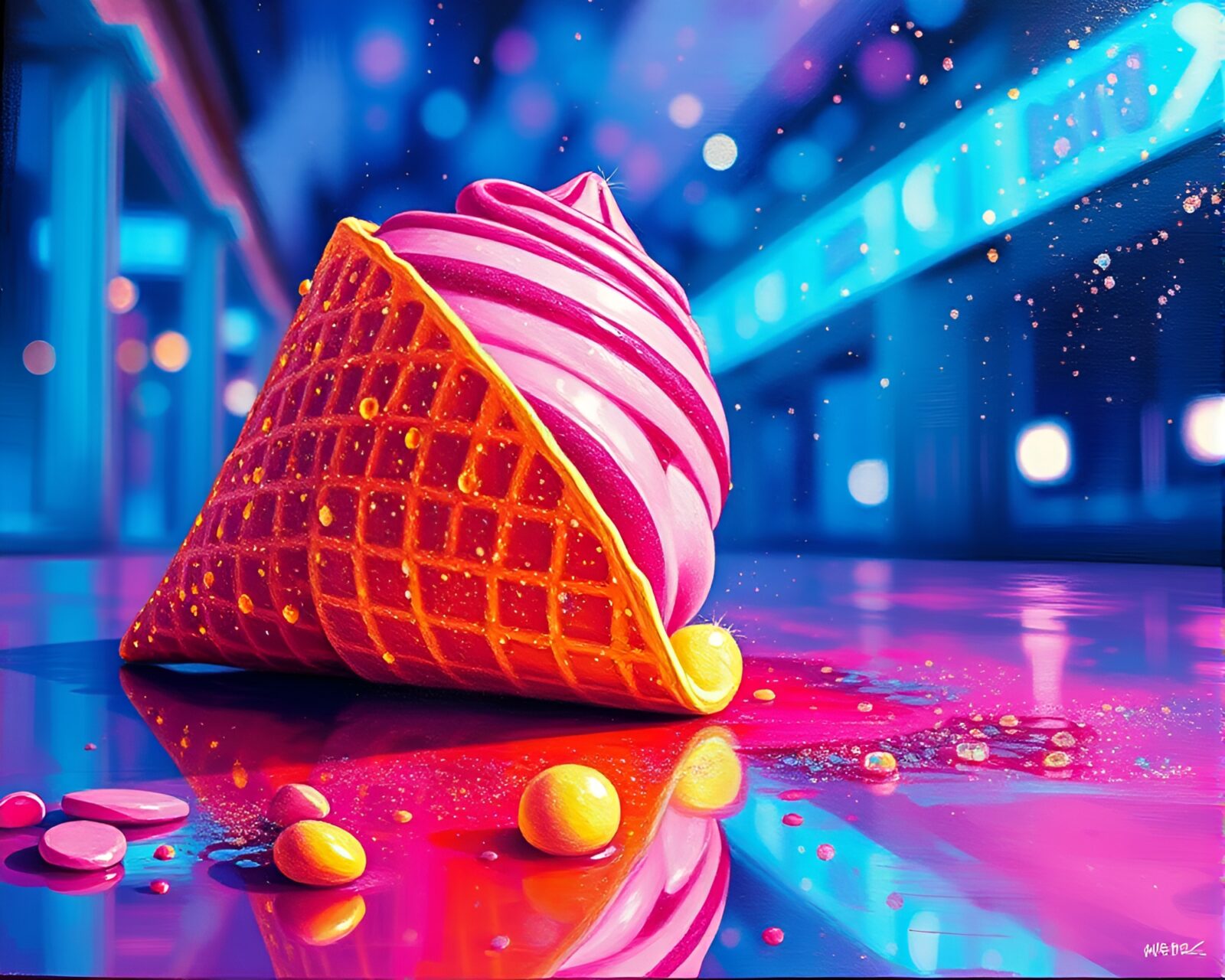 Vibrant gelato cone under neon lights in a dreamy painting