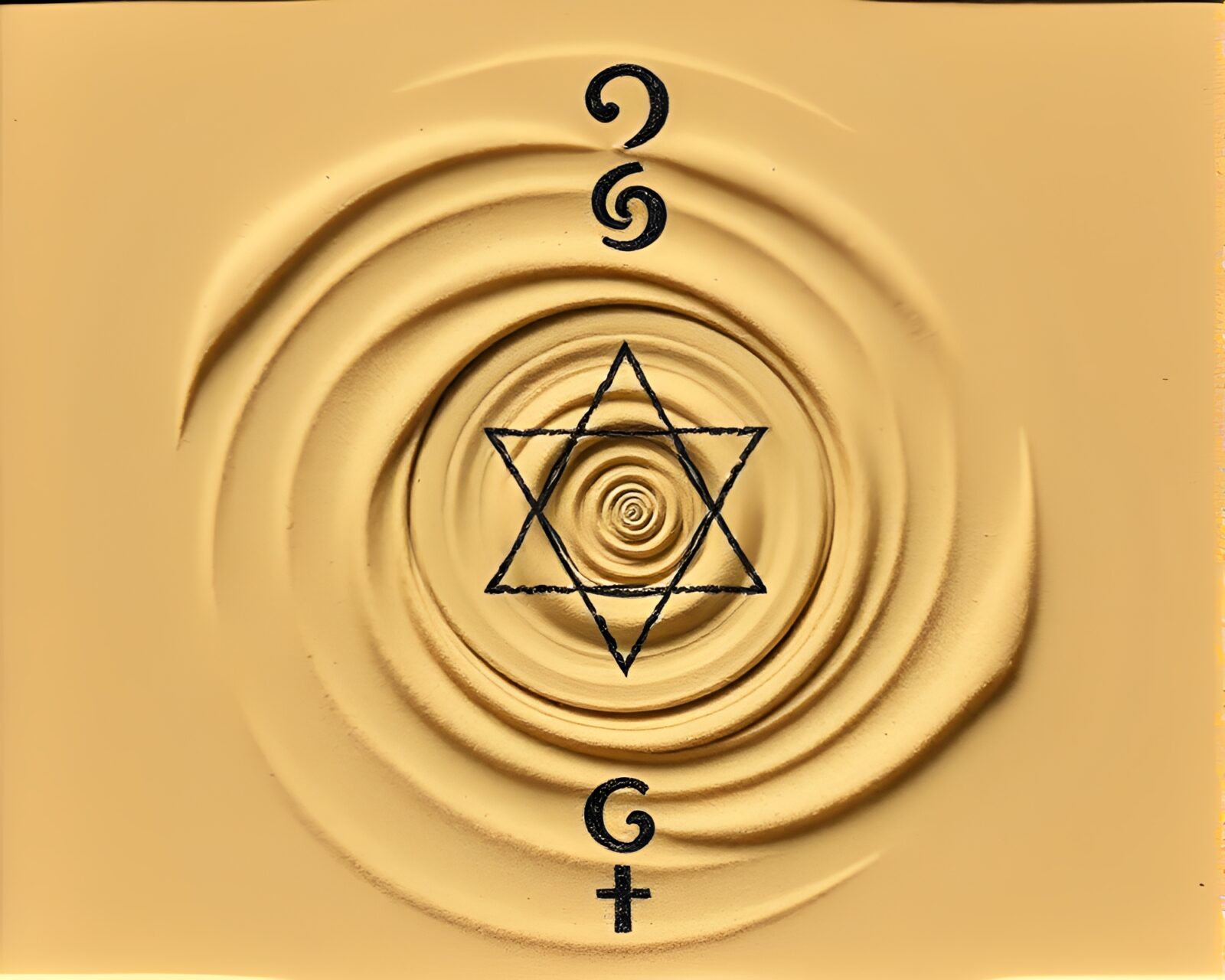 Vintage-inspired engraving of intricate alchemical symbols in sand swirls.