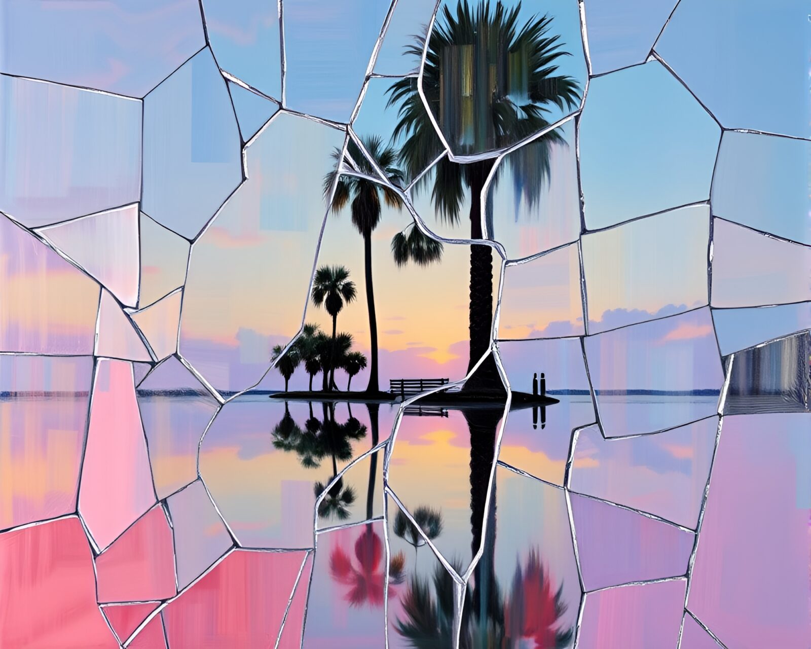 Surreal scene of a Savannah with shattered glass reflections