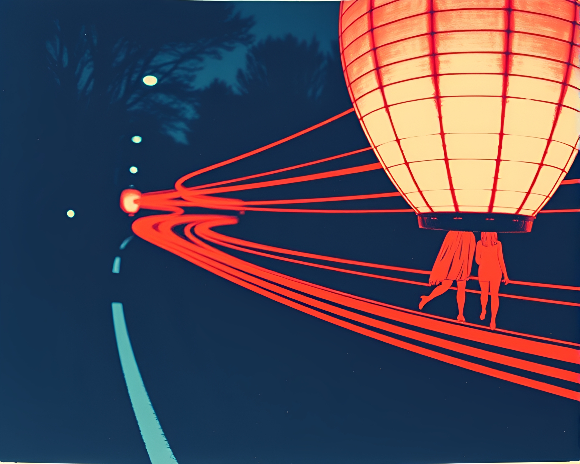 Vibrant Car Light Trails Through Paper Lantern Forest – free AI stock image