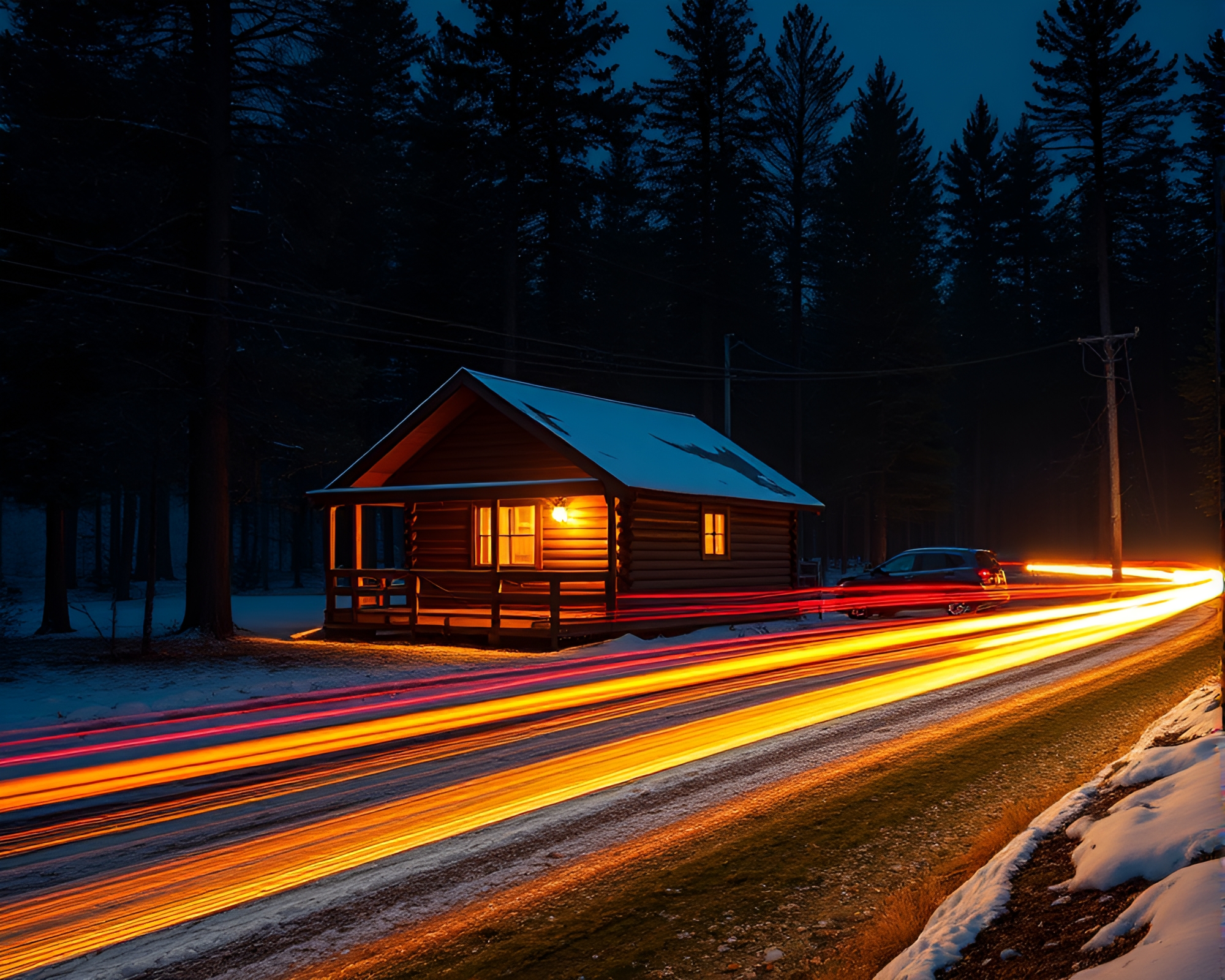 Cubist Mustard Yellow Rustic Cabin Car Light Trails – free AI stock image