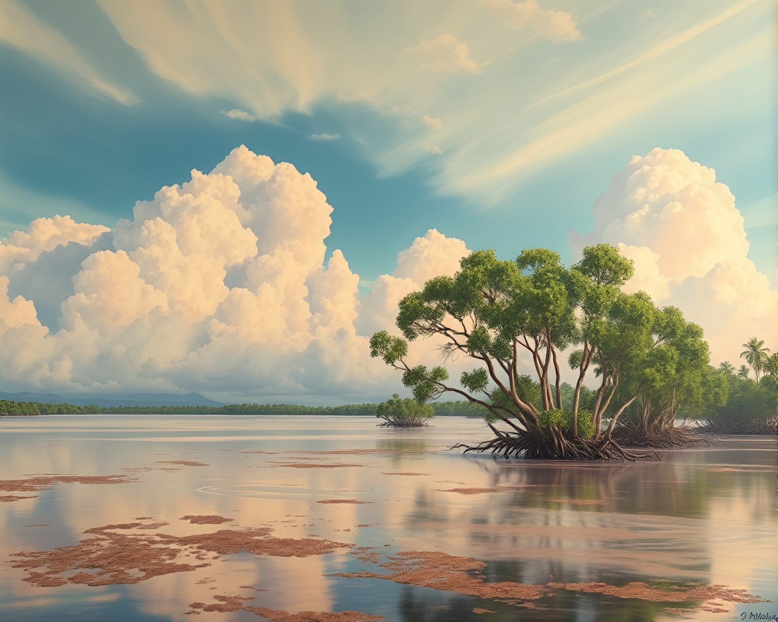 Serene mangrove swamp with pastel clouds in mural style