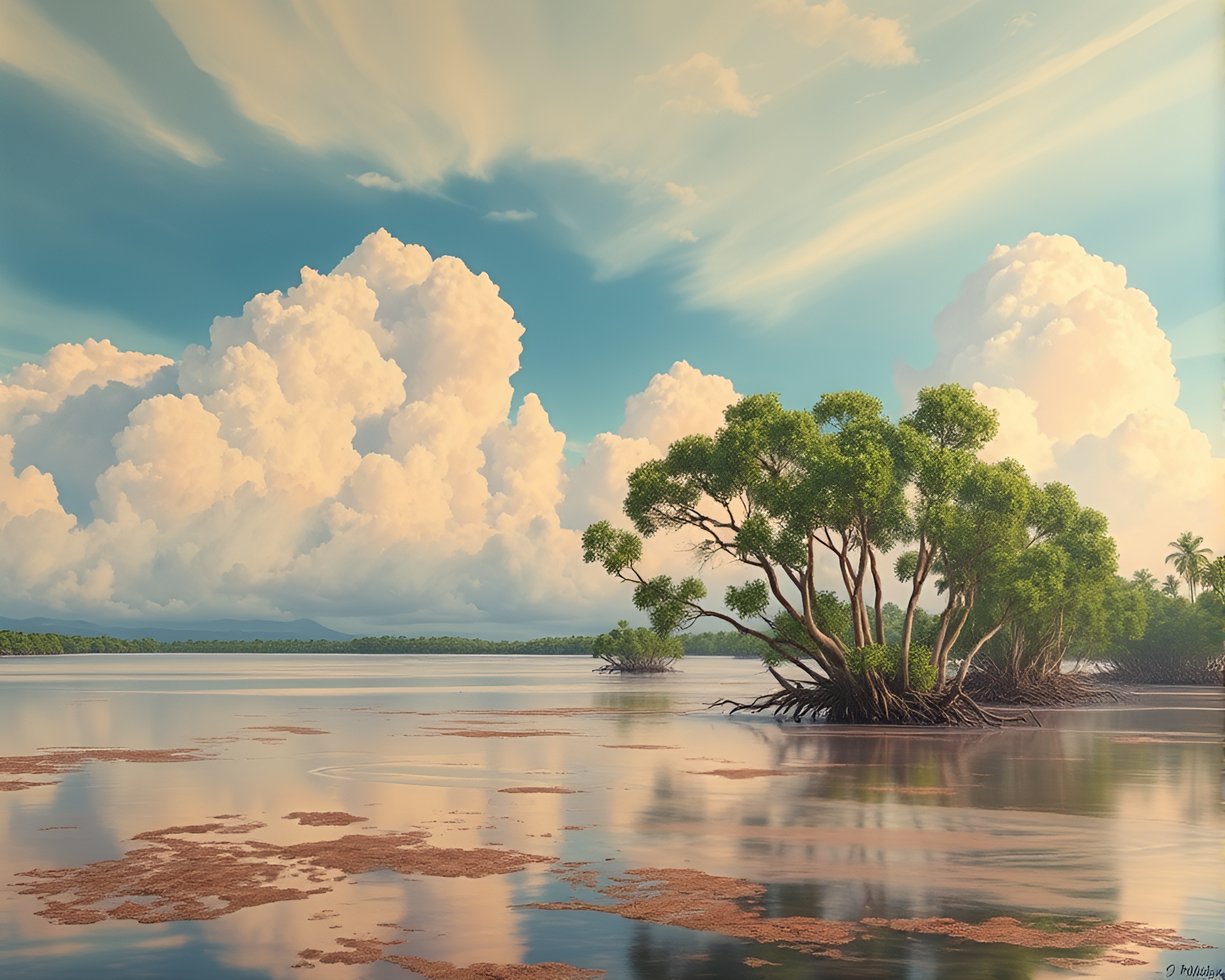 Pastel Mangrove Swamp Cloud Mural Painting – free AI stock image