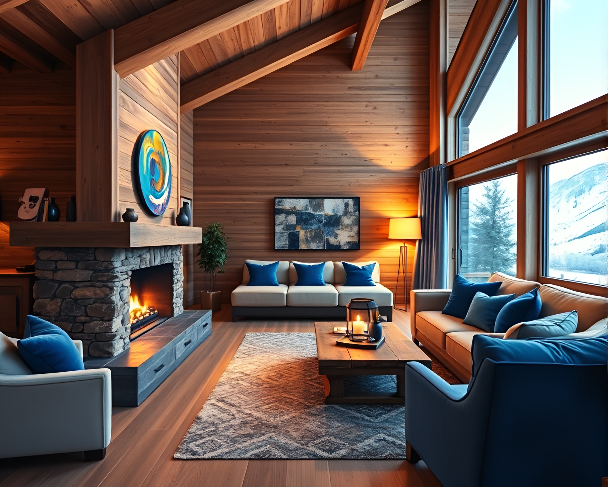 Alpine Chalet with Cobalt Blue Light Painting Accents – free AI stock image