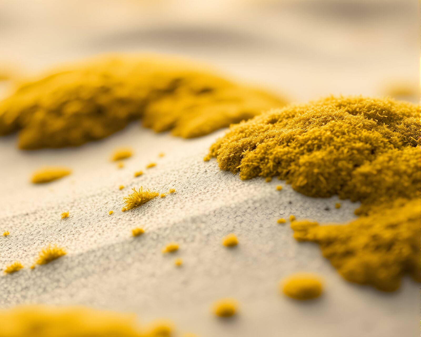 Surreal sand dune covered in yellow moss under tilt-shift
