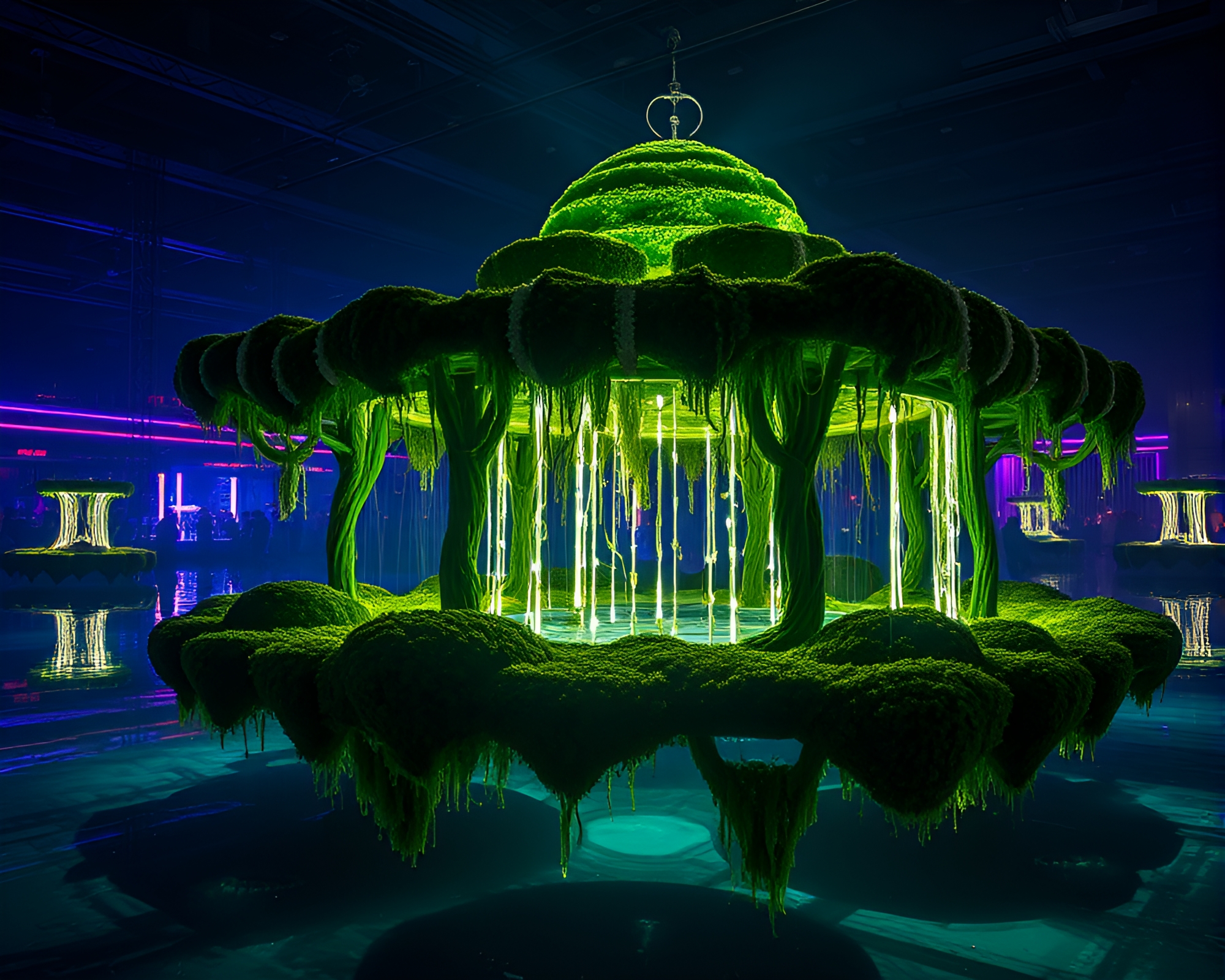 Enchanted Floating Pavilion Illuminated by Club Strobe Lights – free AI stock image