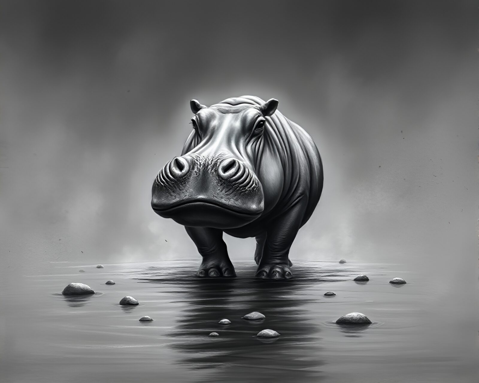 Dramatic HDR lighting highlights textured chalk hippo artwork.