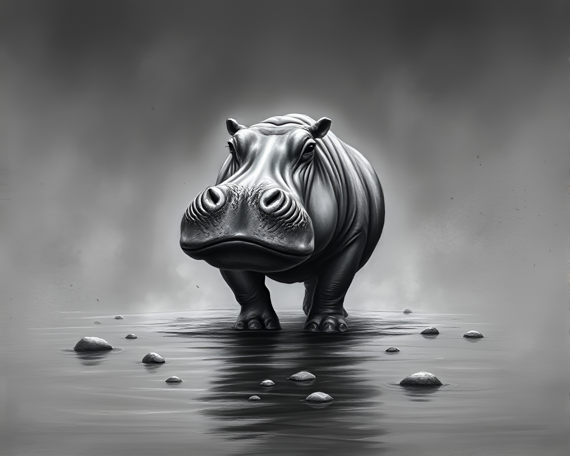 Majestic Hippopotamus in Chalk Drawing Masterpiece – free AI stock image