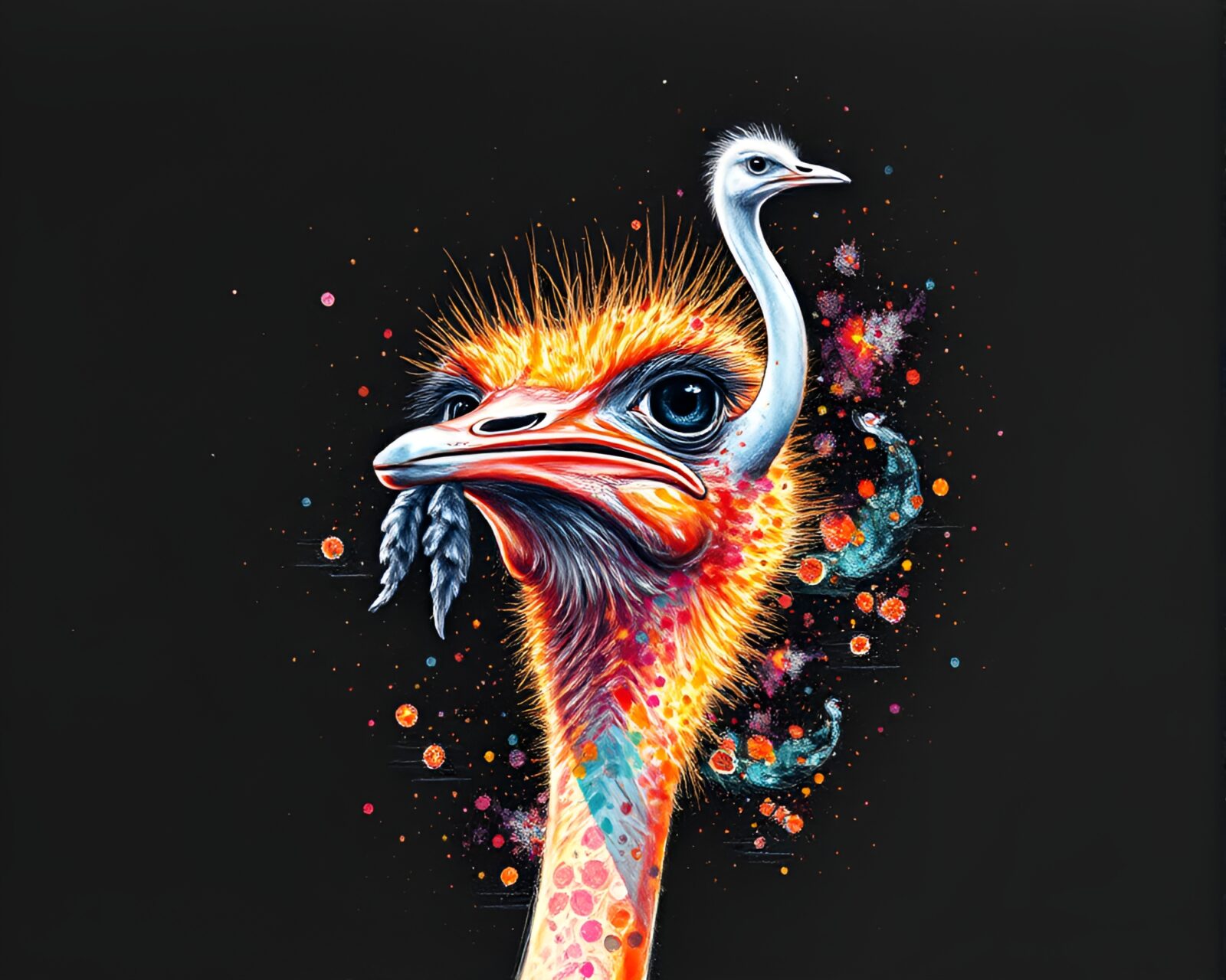 Surreal drawing of ostrich surrounded by glitchy colors and embers