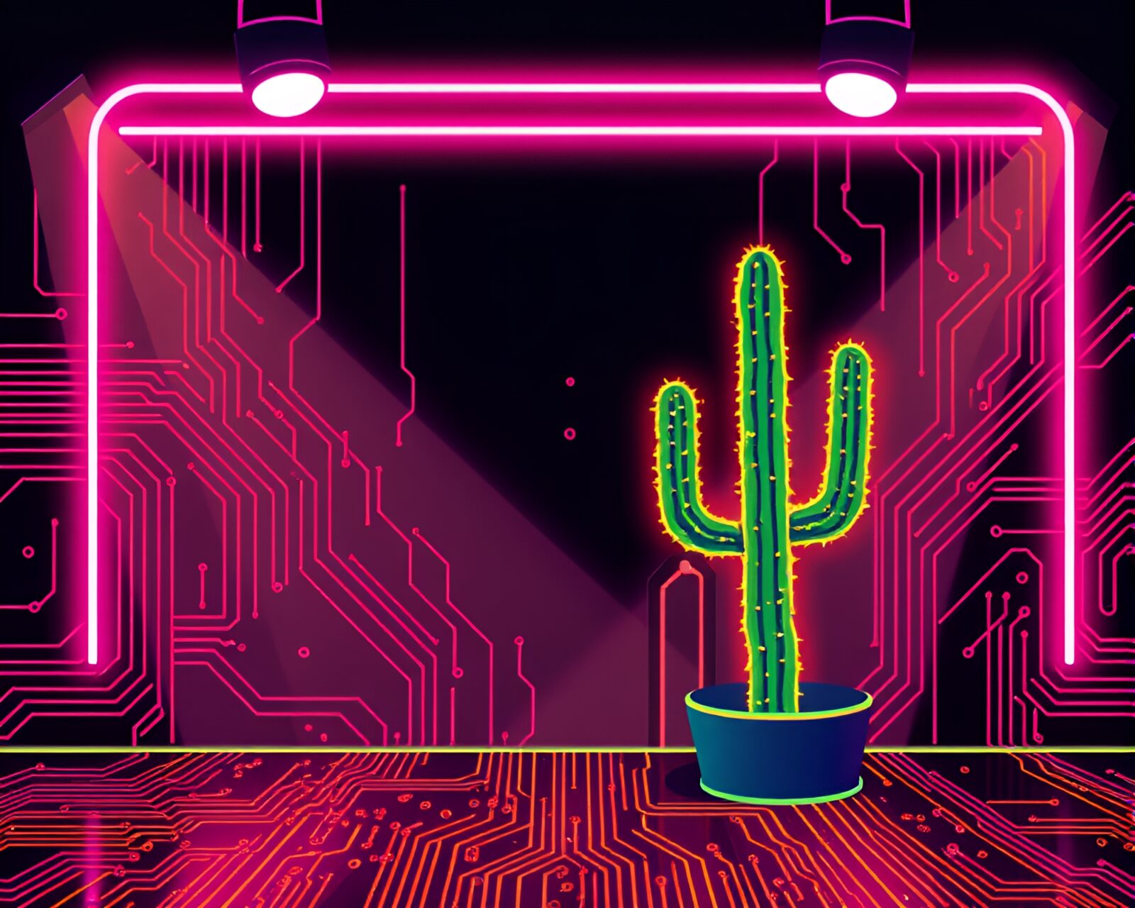 Pixel art scene with neon cactus on circuit board