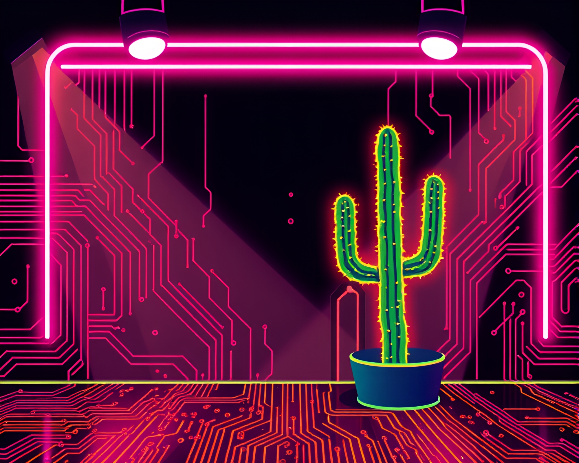 Neon Cactus Circuit Board in Pixel Art Style – free AI stock image