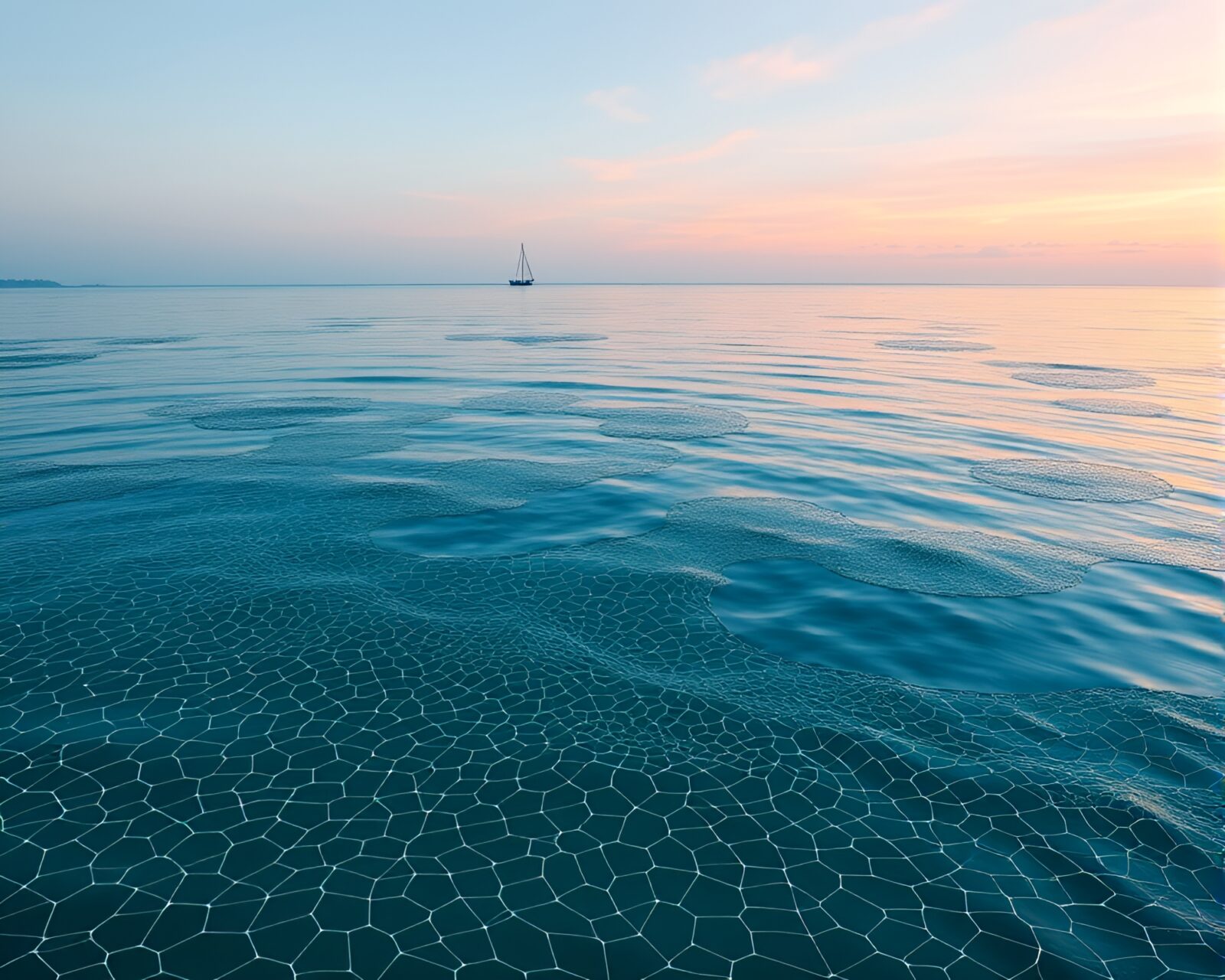 A serene teal island scene with intricate cobweb patterns in vector art style