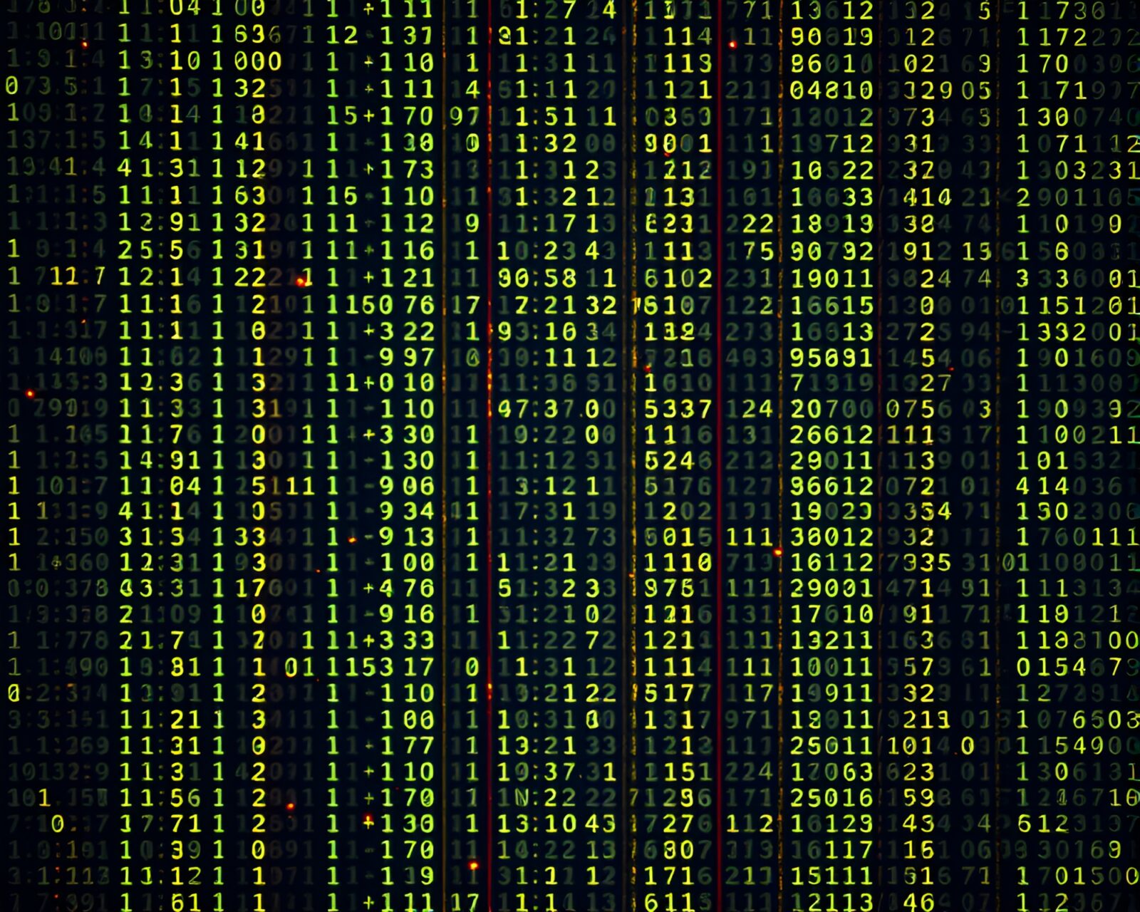 Pixelated binary code glowing in dimly lit room