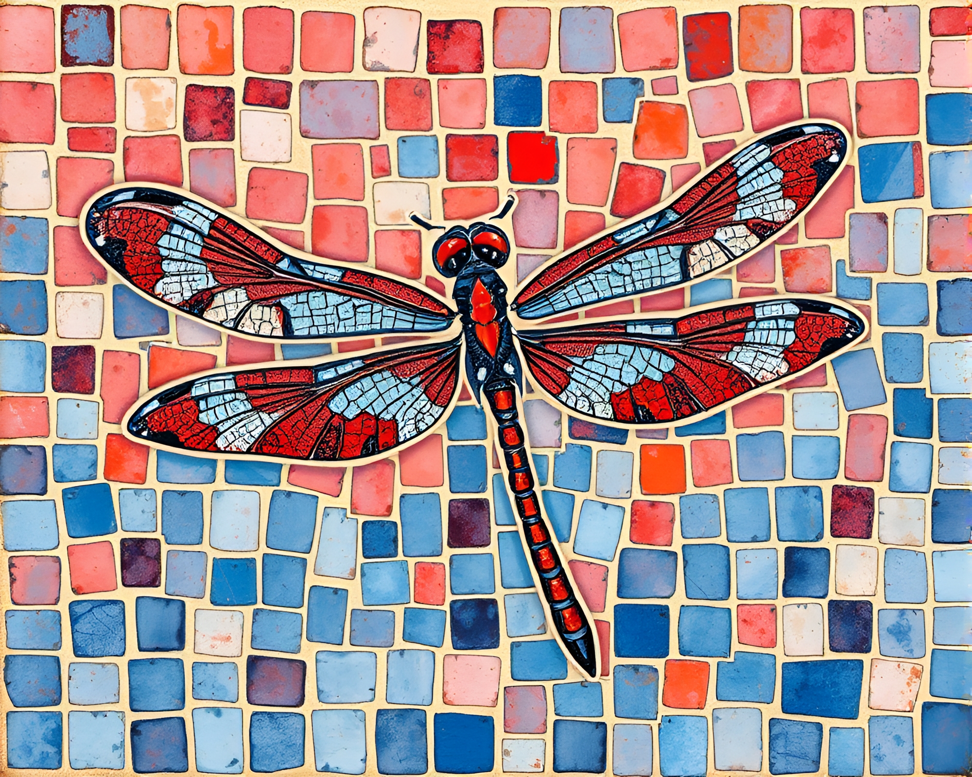 Dragonfly Dale: Gouache Mosaic Masterpiece – free AI stock image