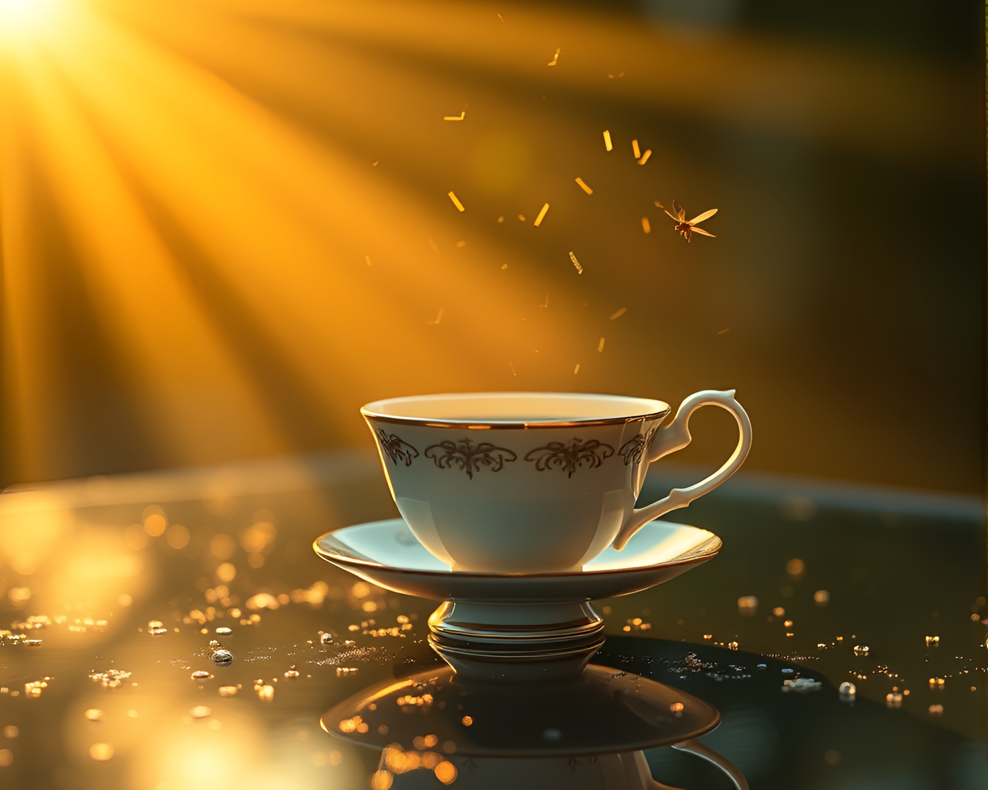 Ethereal Floating Tea Cup Bathed in Laser Light – free AI stock image