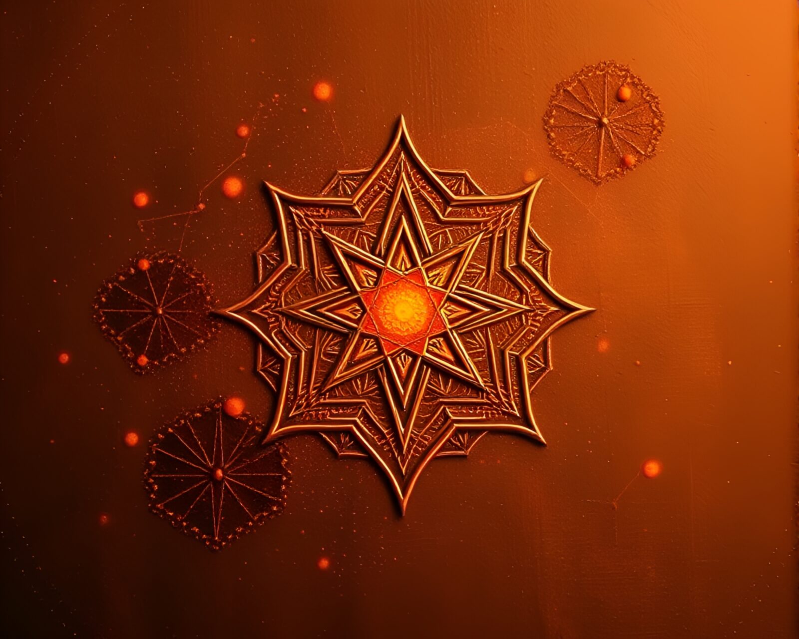 Burnt orange sacred geometry with floating particles in sgraffito style