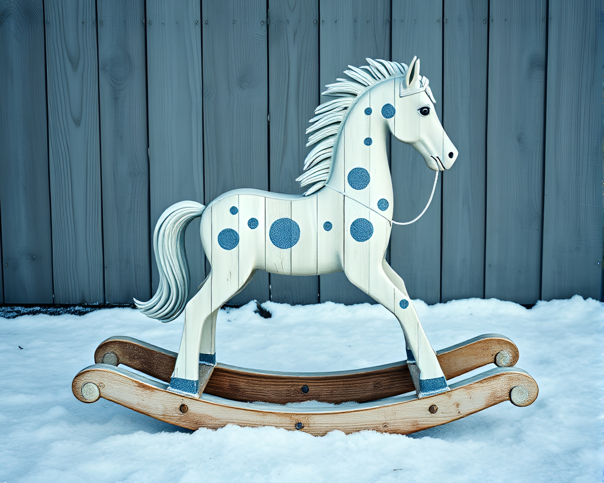 Eerie Wooden Rocking Horse Covered in Mildew Spots – free AI stock image