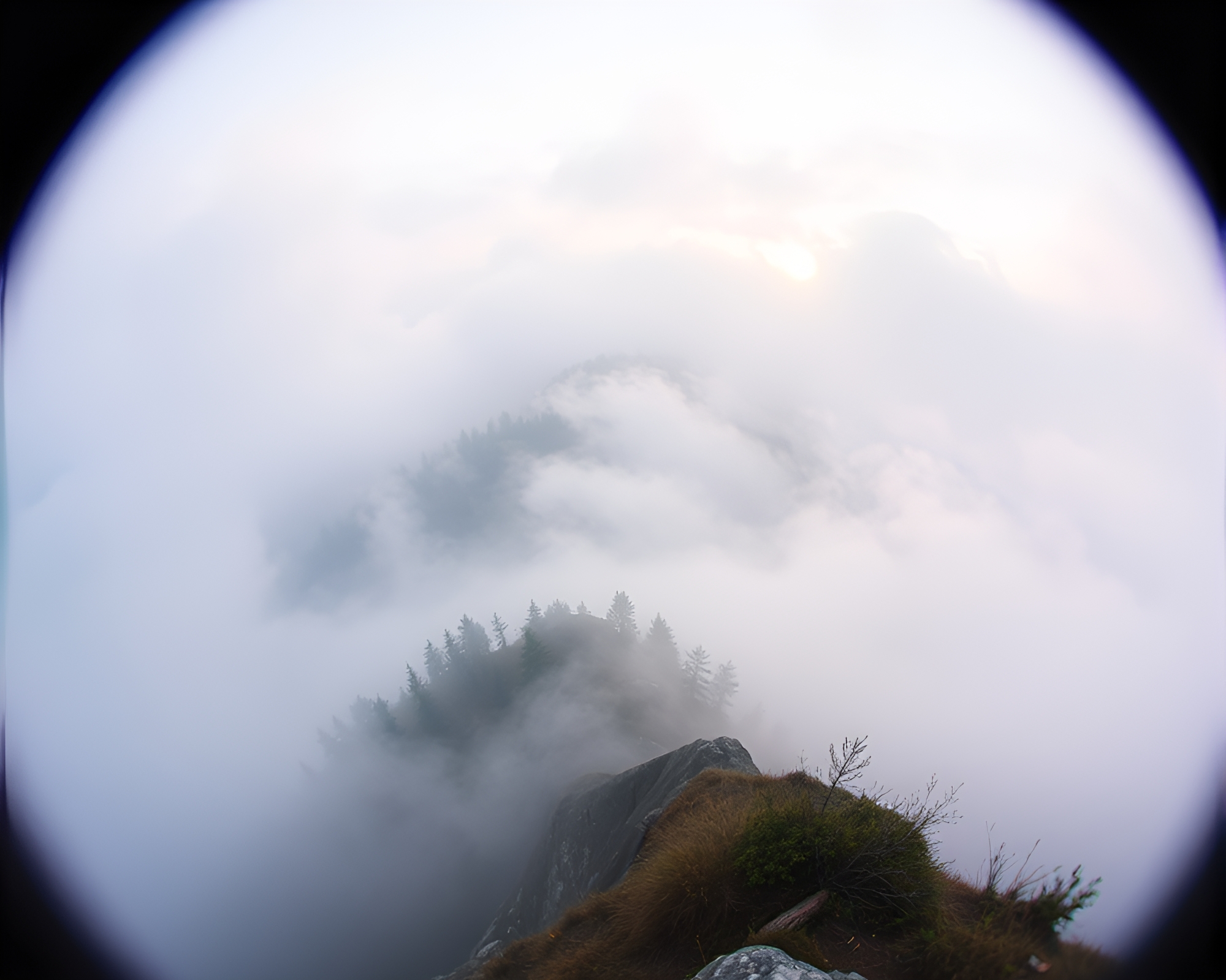 Misty Mountain Dream Collage with Fisheye Effect – free AI stock image