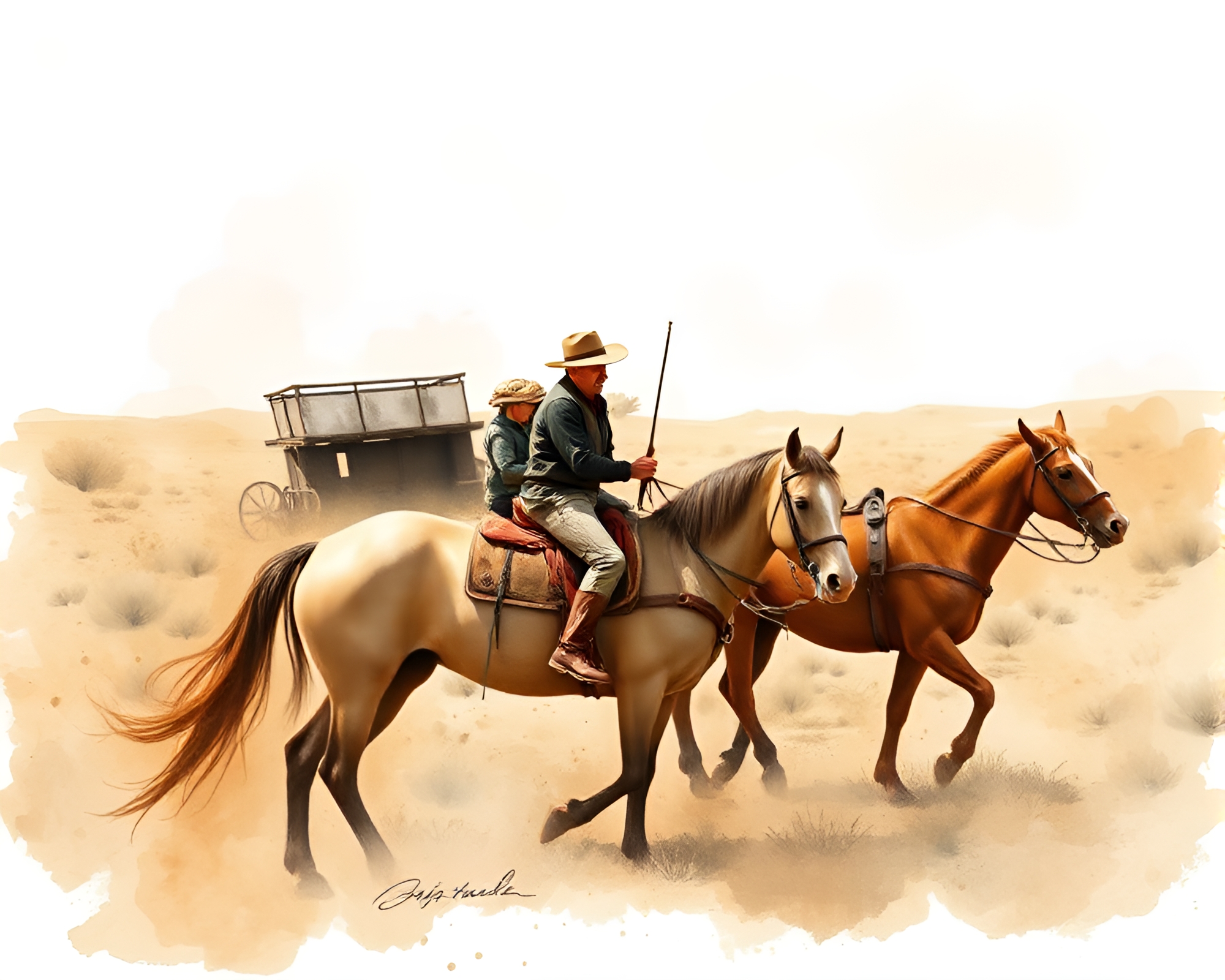 Stagecoach Encounter: Candid Moment Caught in Acid Wash Palette – free AI stock image