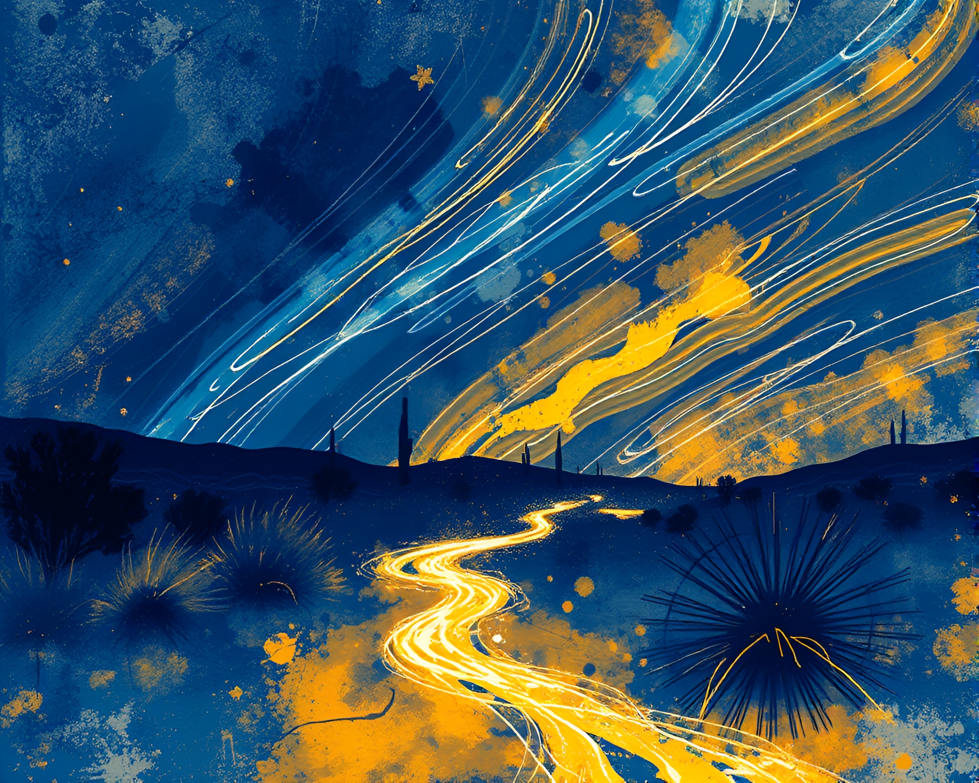 Desert Mirage: Indigo Light Trail Splatter Art – free AI stock image
