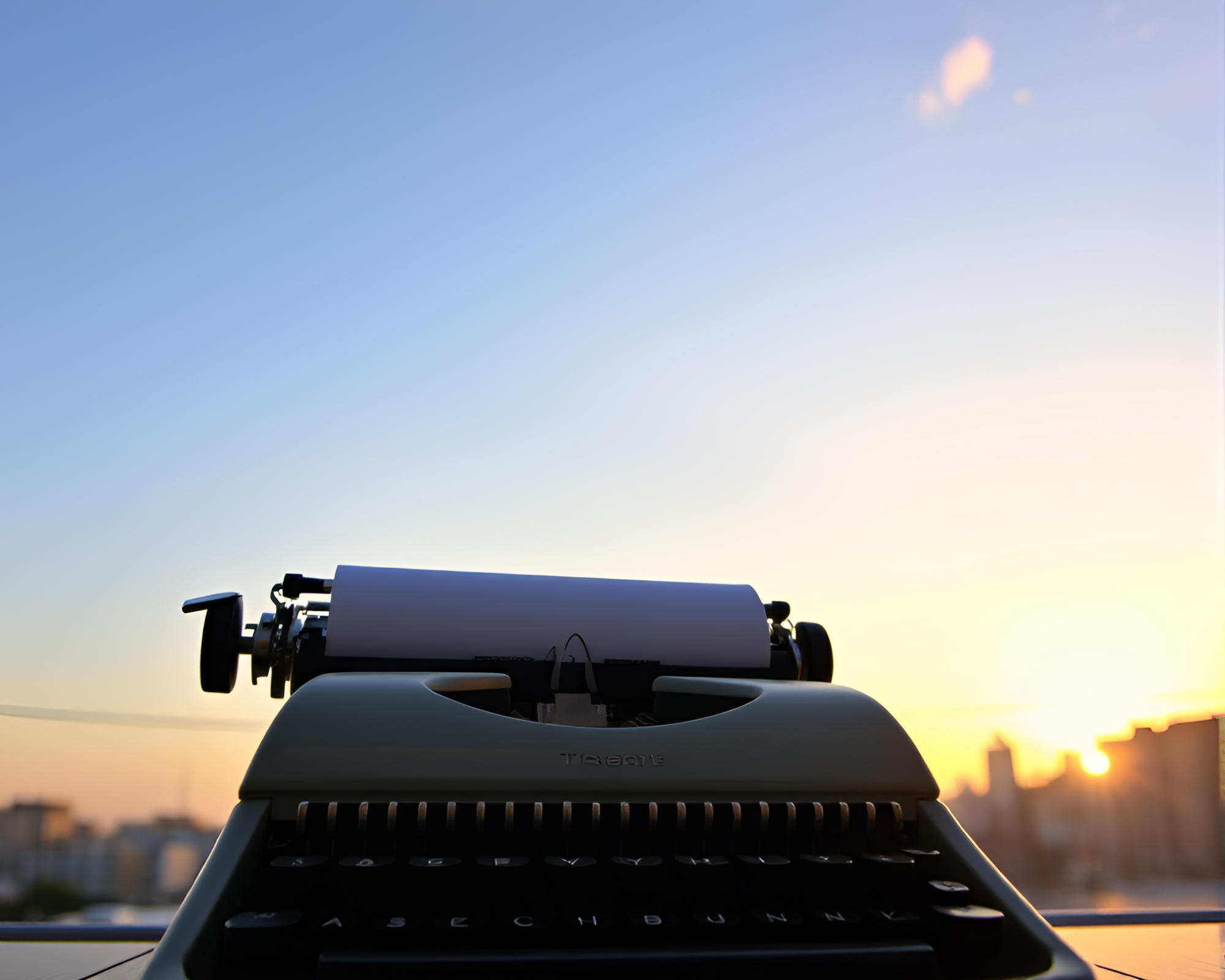 Lens Distorted Antique Typewriter in Sunset Skyline – free AI stock image