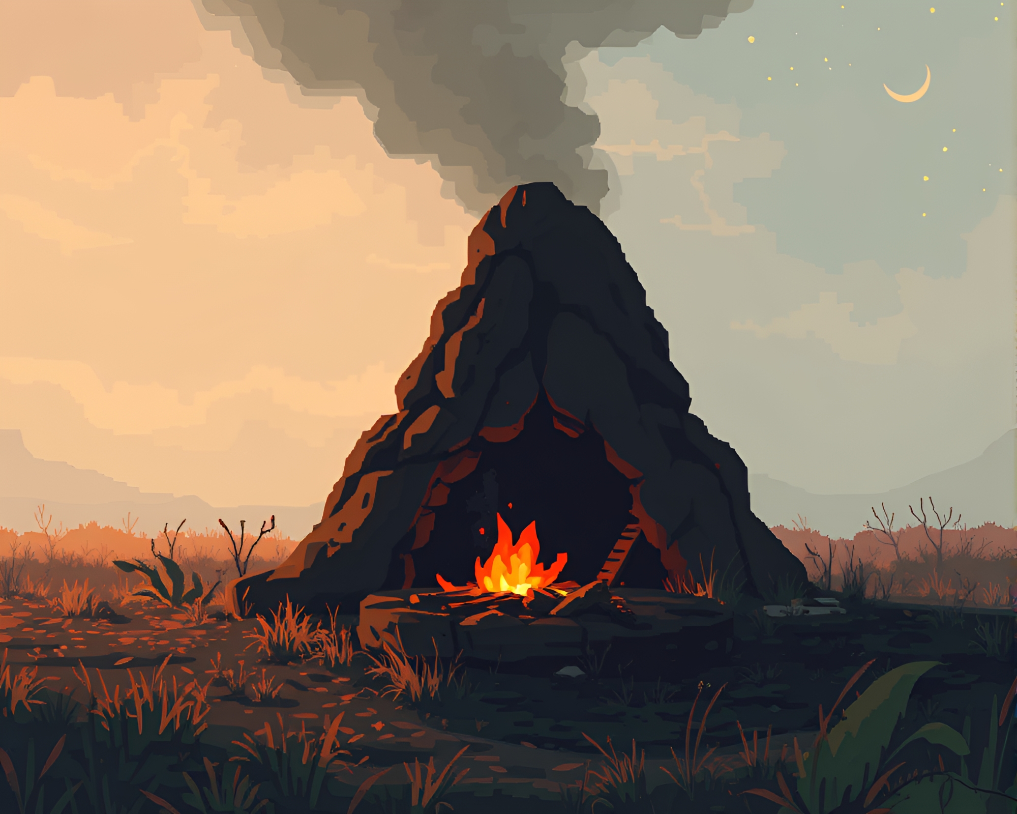 Pixelated Space Habitat with Bonfire Glow – free AI stock image