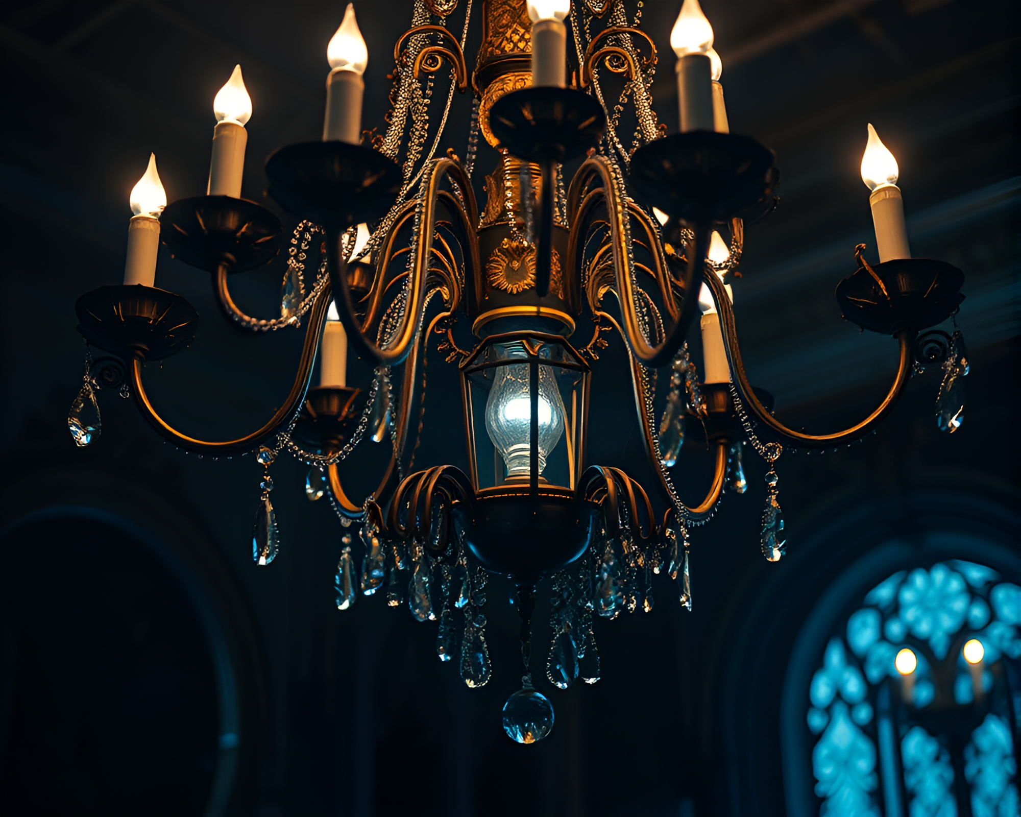 Gothic Chandelier Illuminated by Indigo Circuit Board Traces – free AI stock image