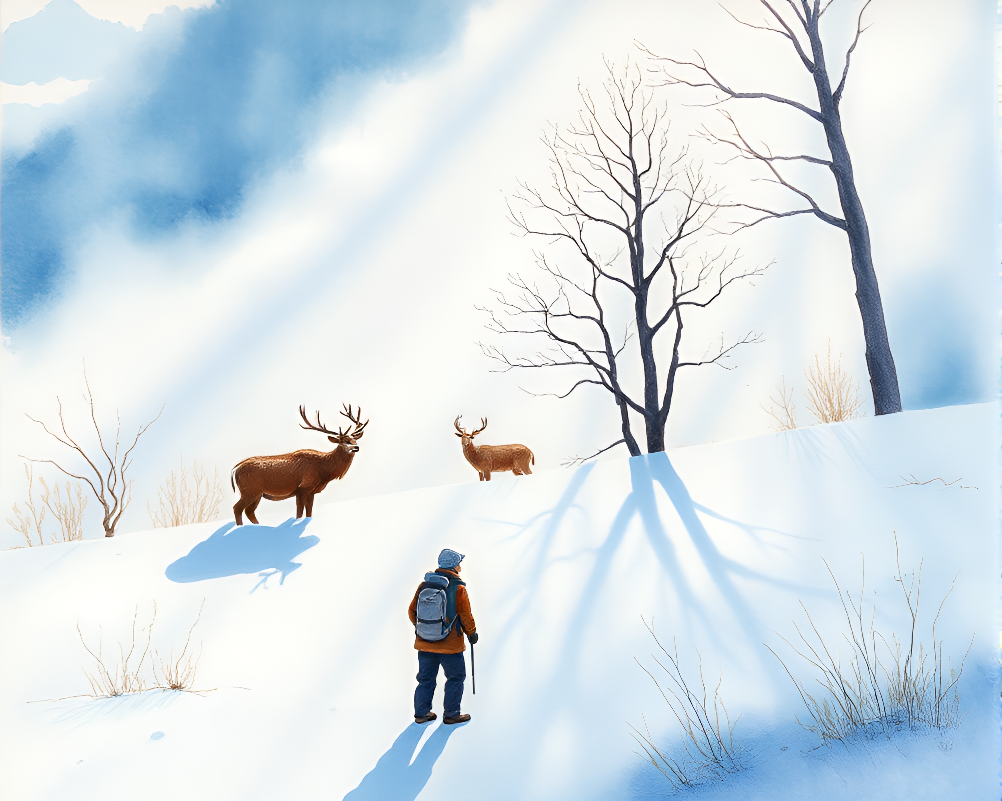 Time Traveler Amidst Snow-Kissed Wildlife Watercolors – free AI stock image