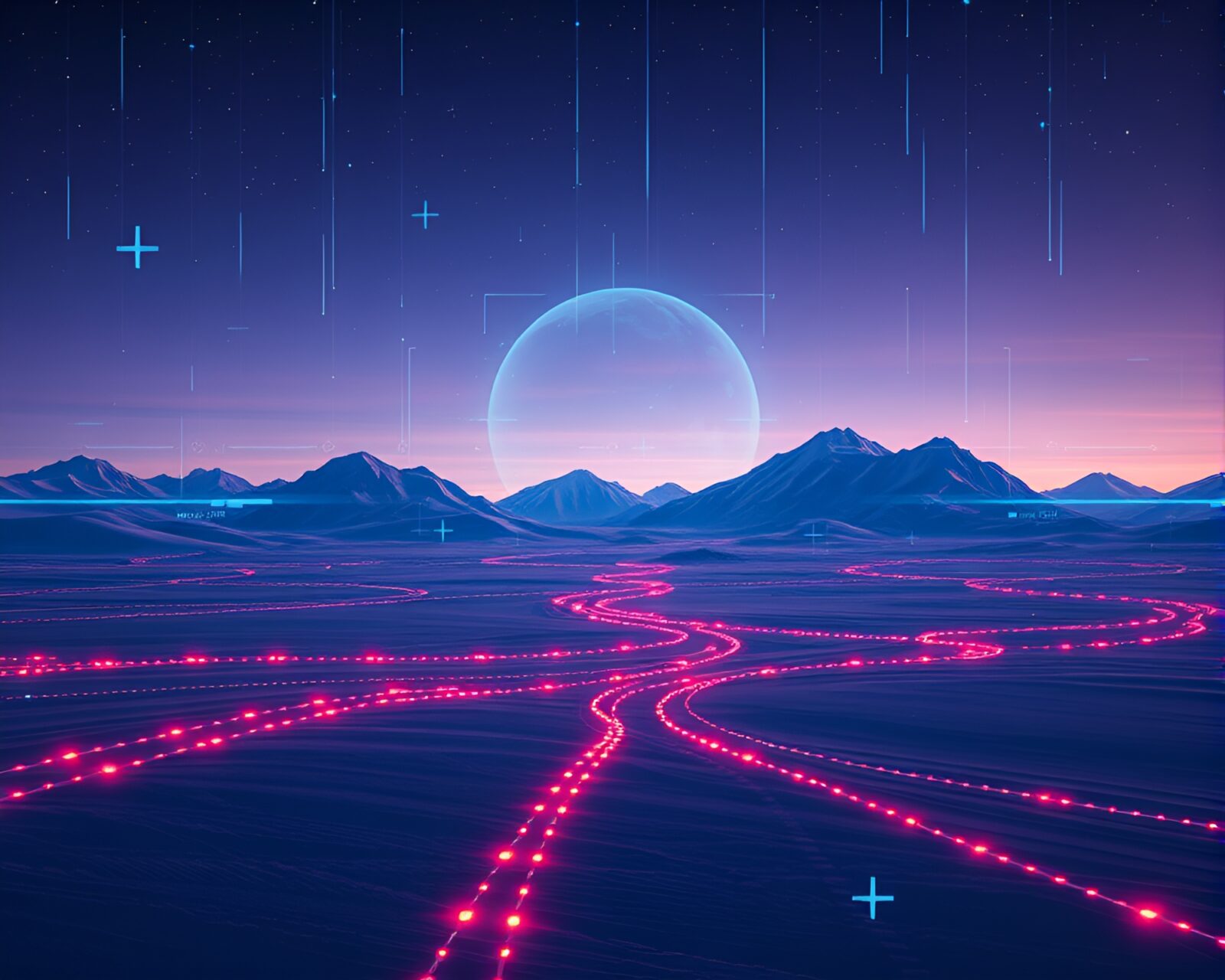 High-tech HUD overlay on mystical ley lines at twilight