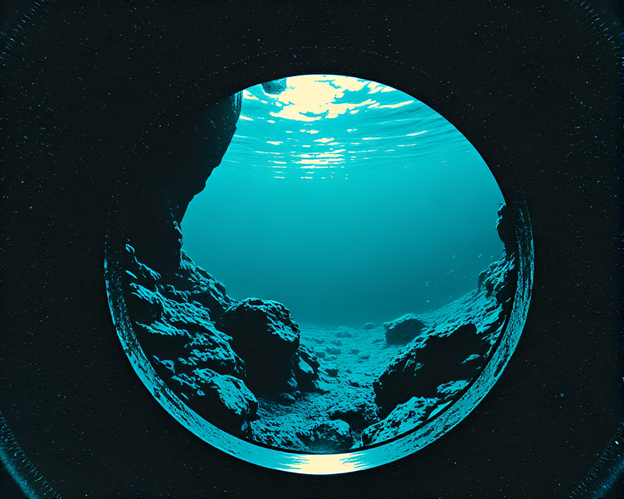 Underwater Submarine Adventure with Linocut Textures and Hologram Effect – free AI stock image