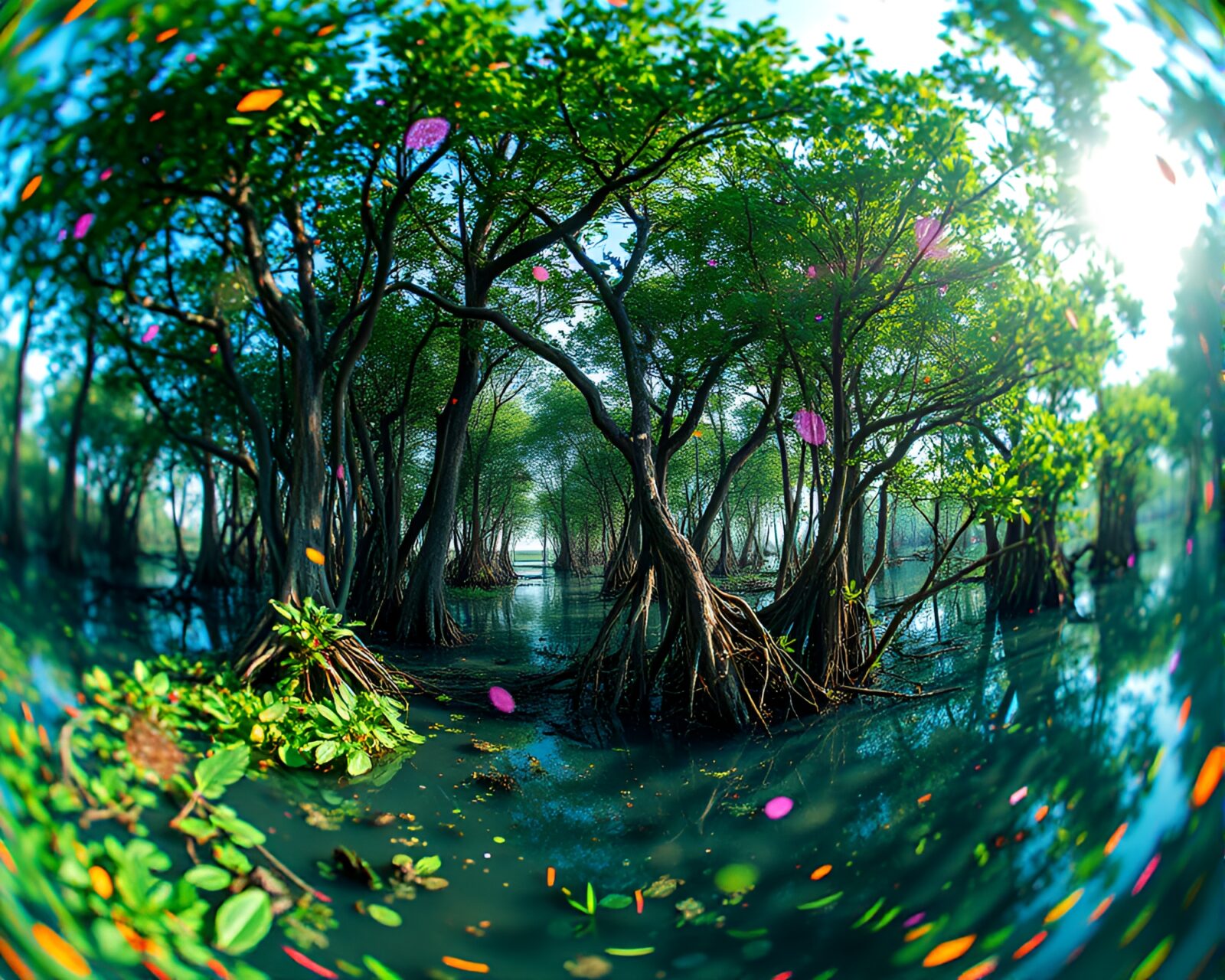Colorful high-poly 3D rendering of a fisheye mangrove swamp