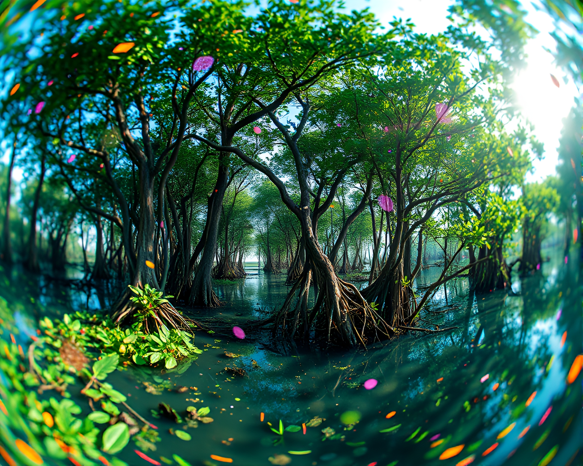 Mesmerizing Mangrove Swamp: High-Poly 3D Fisheye Confetti Burst – free AI stock image