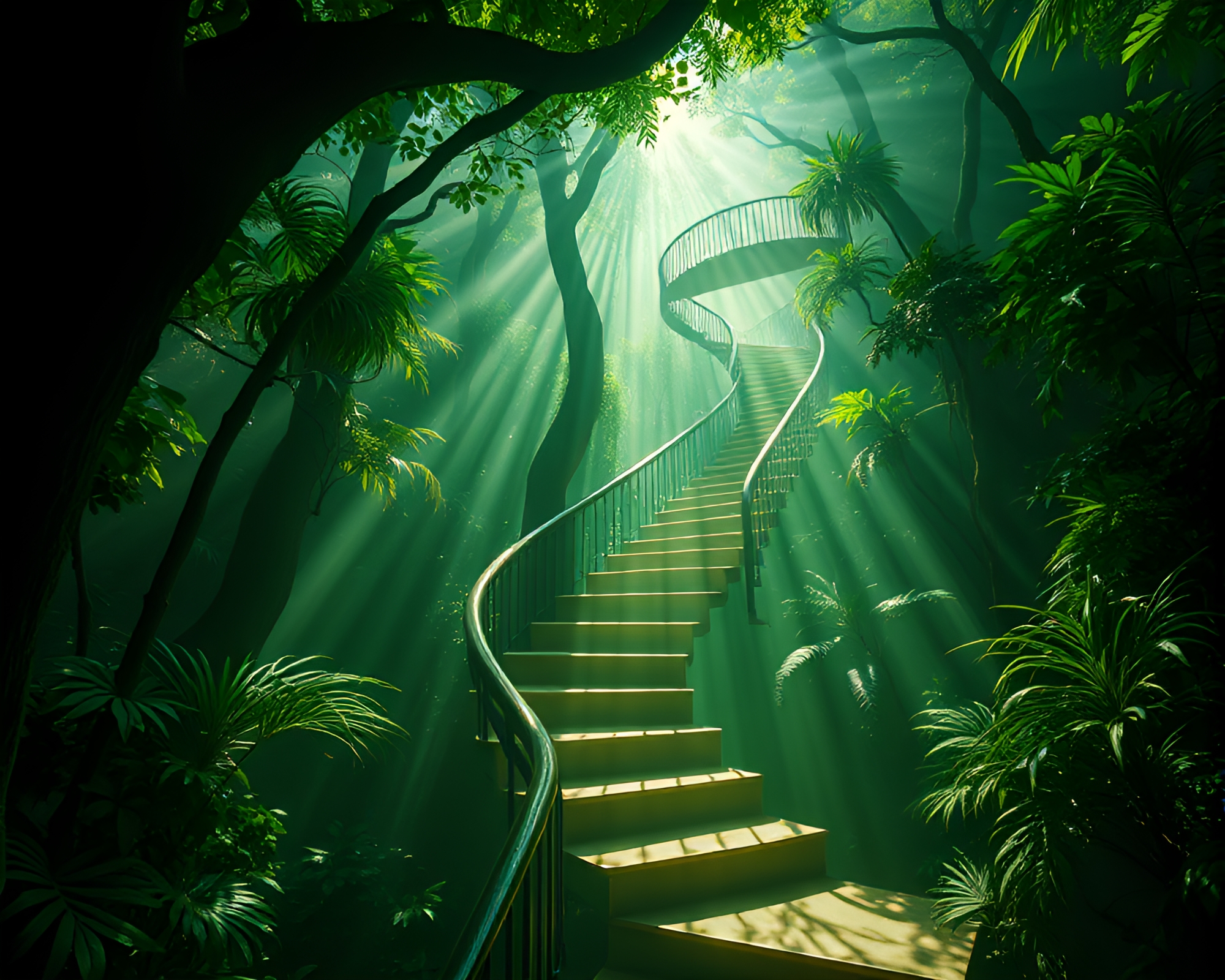 Mystical Lens Flare Escher Staircase in Green Rainforest – free AI stock image