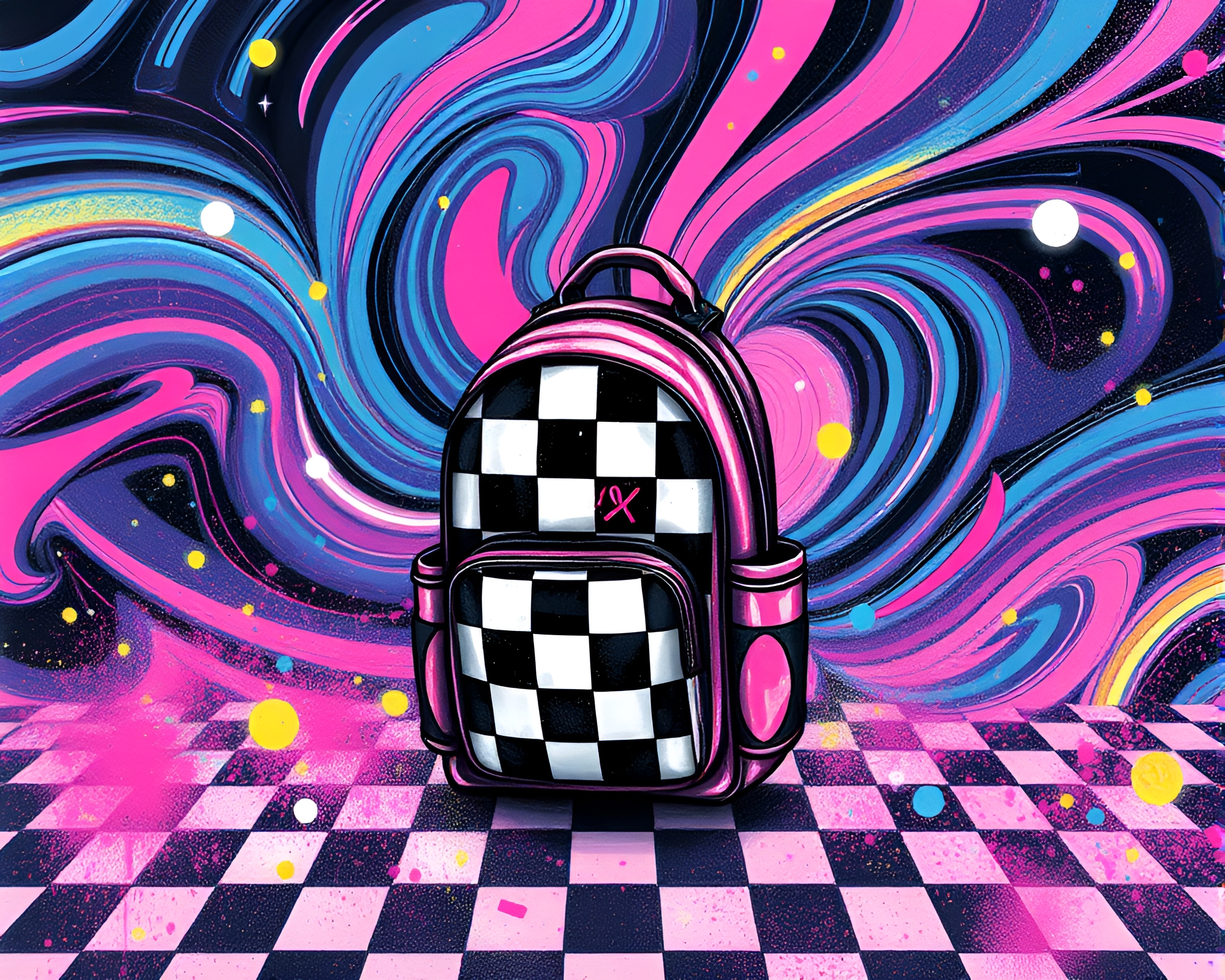 Checkered Jetpack soaring through Milky Way graffiti – free AI stock image