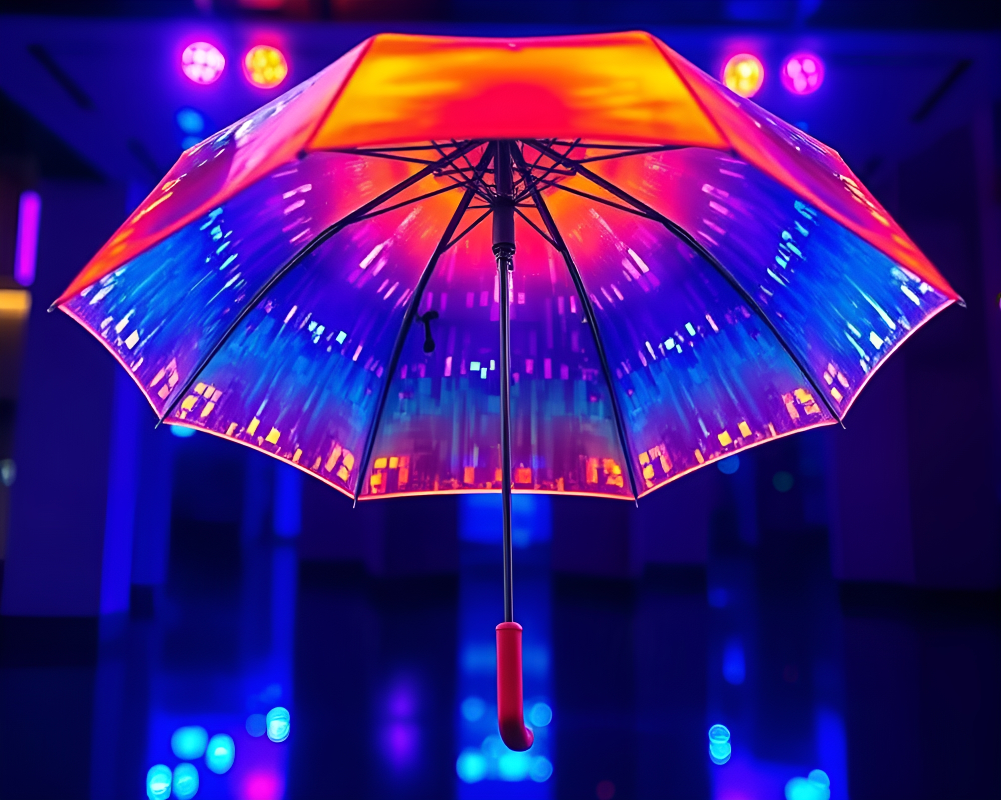 Vibrant Neon Umbrella Reflections in Mosaic Pattern – free AI stock image