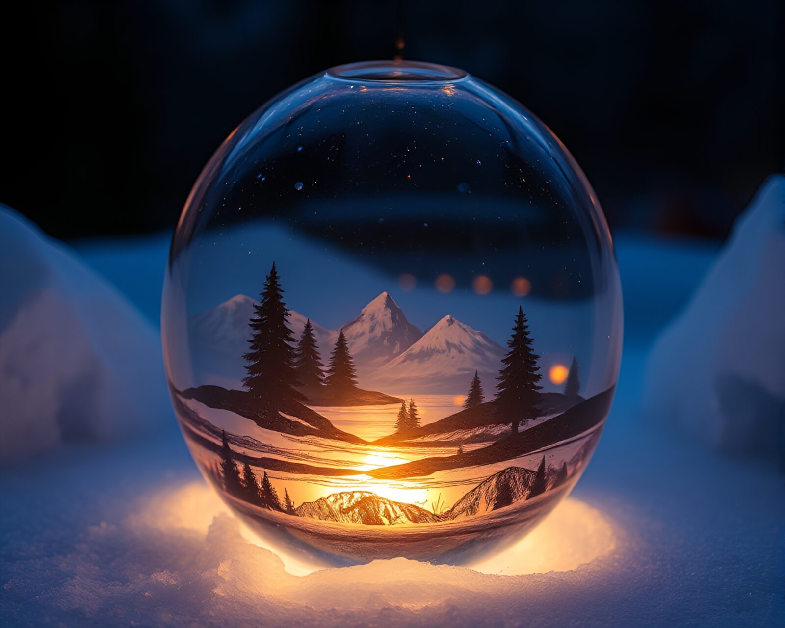 Luminous glass igloo by rippling water in intricate landscape etching