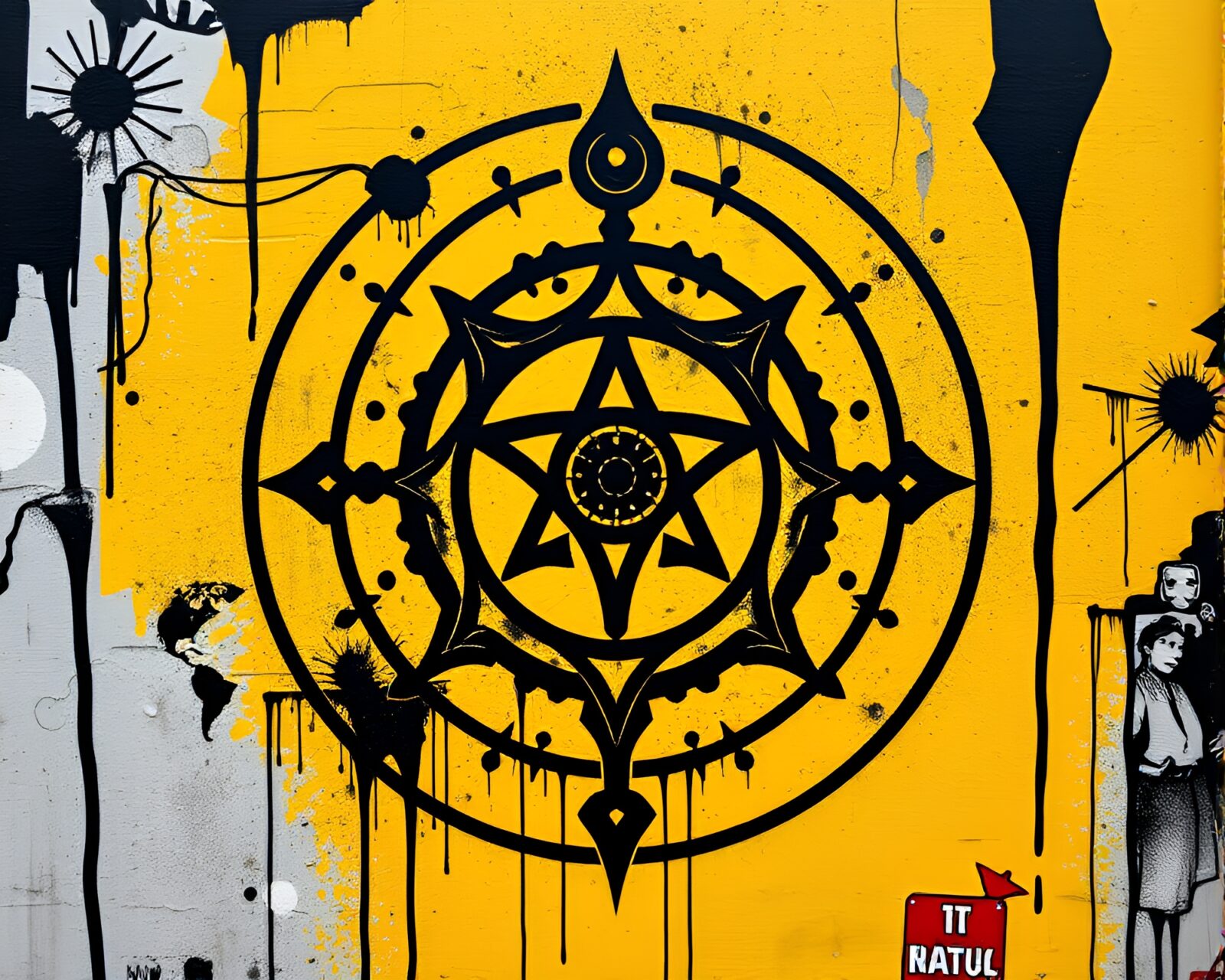 Abstract urban graffiti in monochrome with pops of mustard yellow.